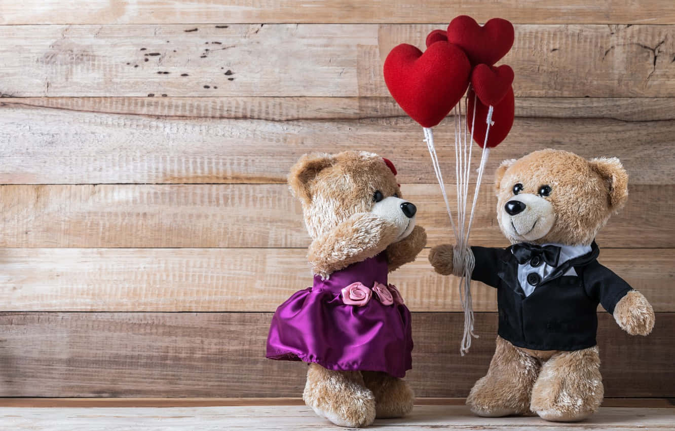 teddy bears, red heart balloons, formal wear, HD Desktop Wallpaper