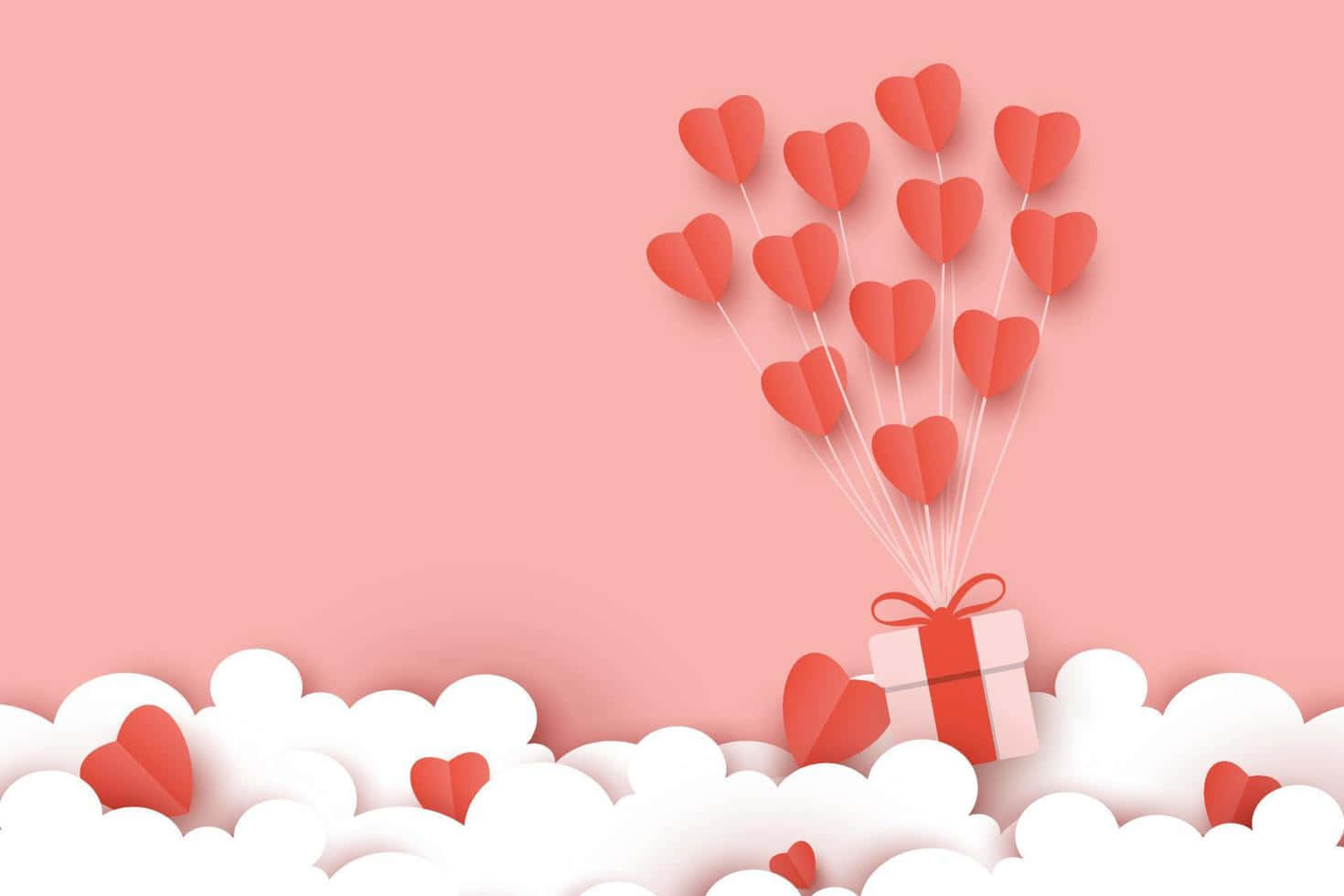 red heart-shaped balloon, gift box, fluffy white clouds, HD Desktop Wallpaper