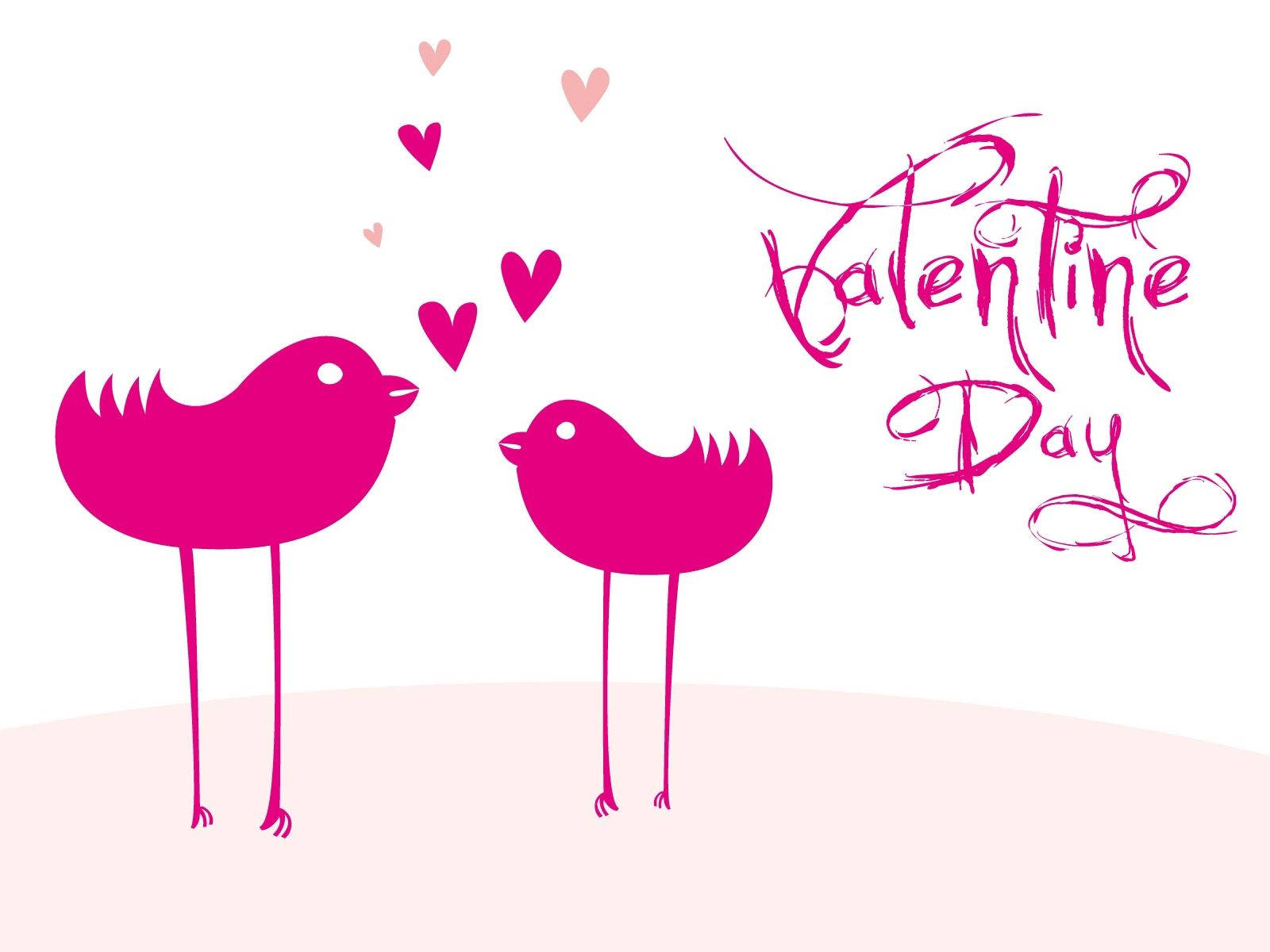 magenta cartoon birds, floating hearts, Valentine Day script, HD Desktop Wallpaper