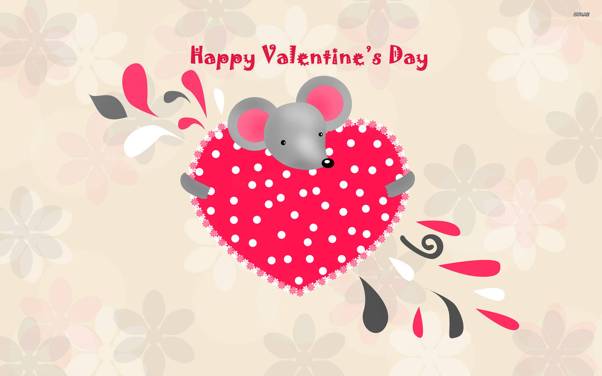 gray mouse, red polka-dotted heart, Happy Valentine's Day, Full HD Desktop Wallpaper
