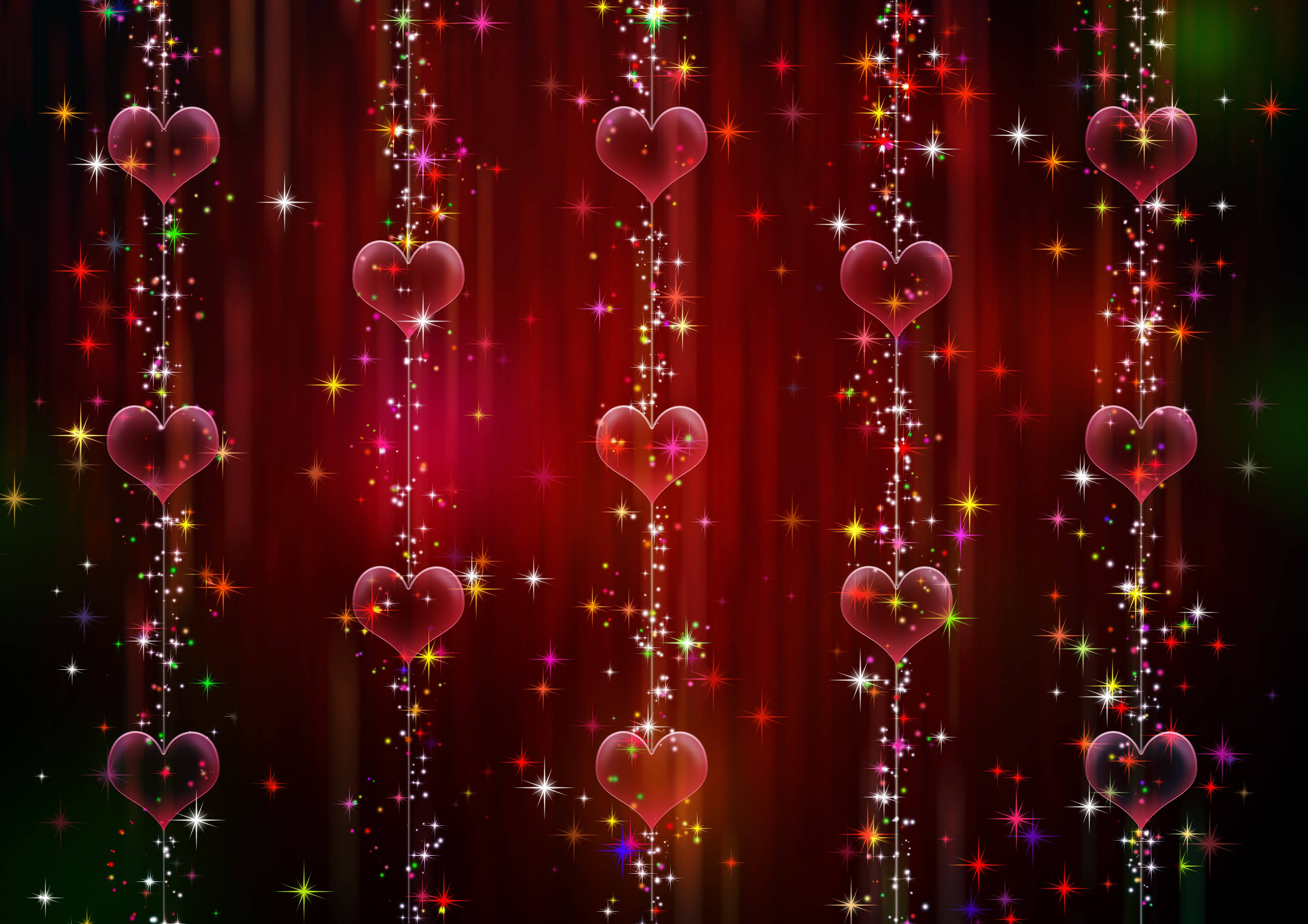 shiny red hearts, curtain, pink hearts, 2K Desktop Wallpaper
