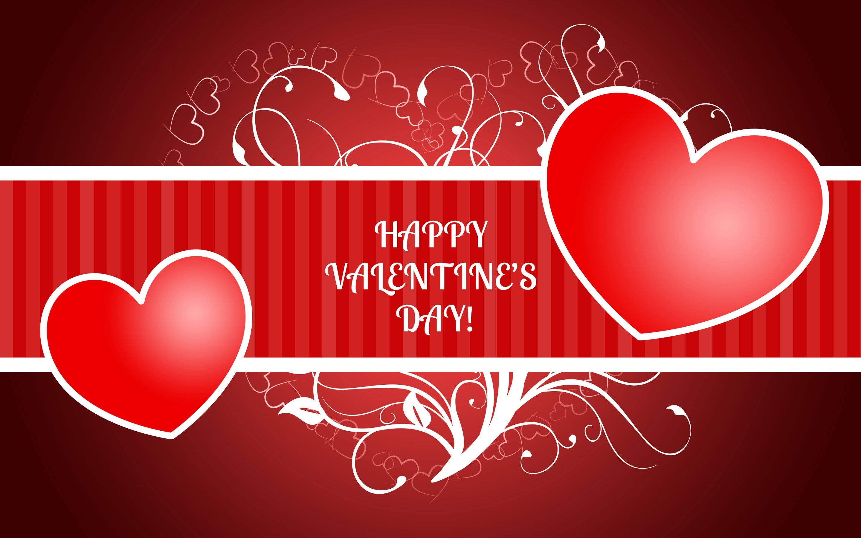 red hearts, white swirls, deep red striped background, 2K Desktop Wallpaper