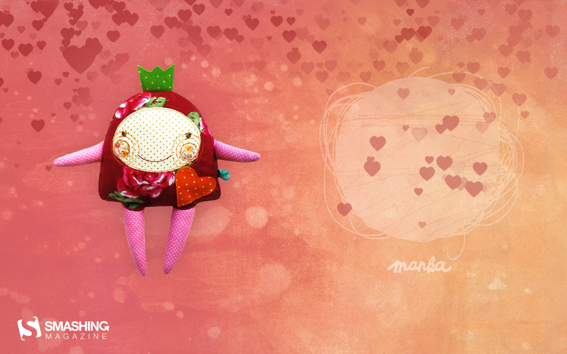 strawberry plush toy, smiling face, pink limbs, Full HD Desktop Wallpaper