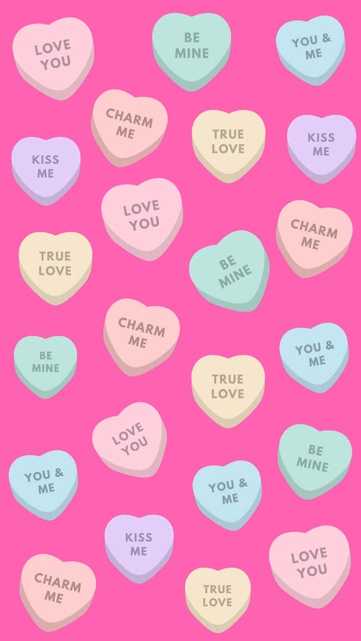 cute valentine, valentine candy hearts, pink background, HD Phone Wallpaper