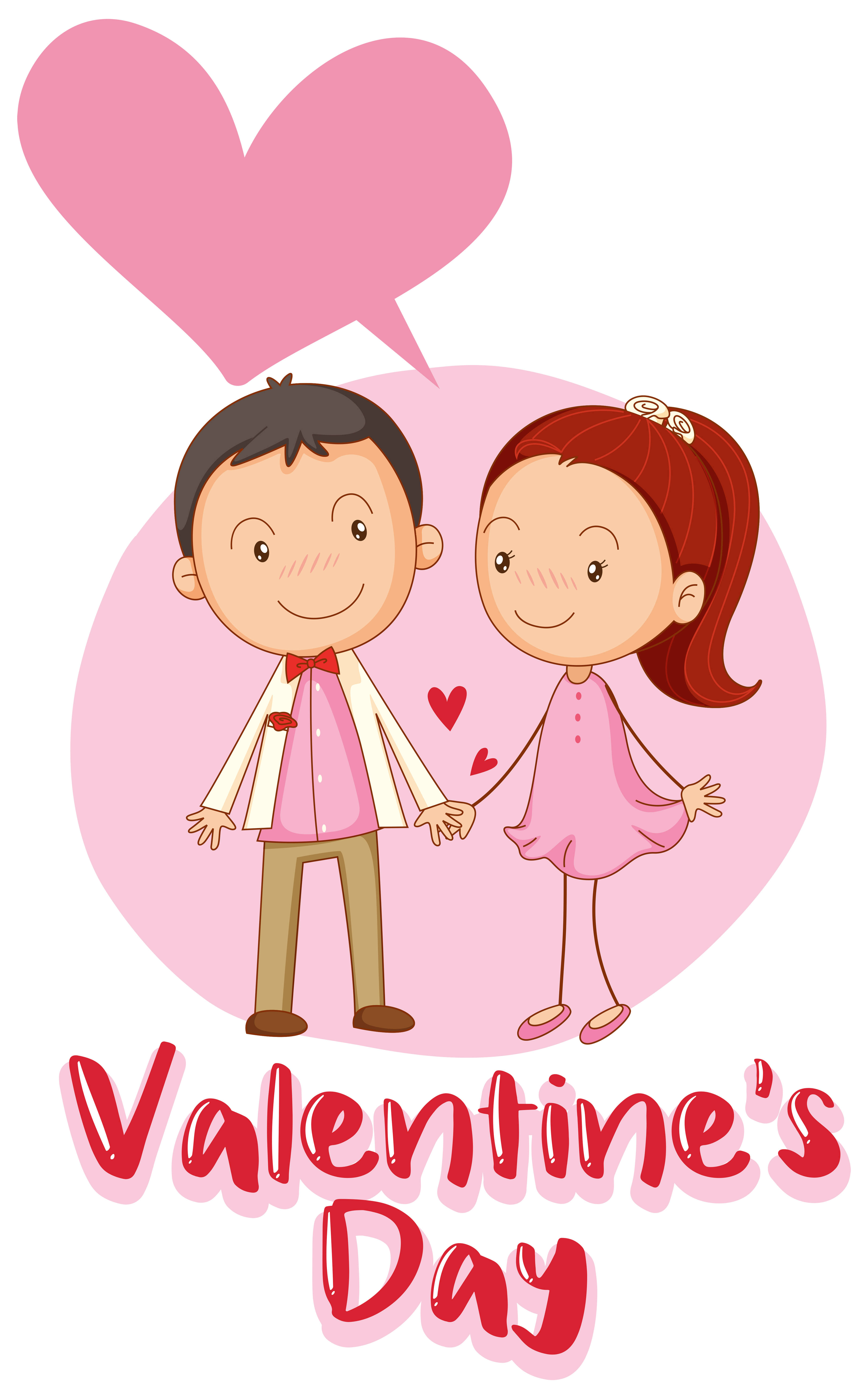 Valentine's Day, cartoon couple, pink heart, 5K Phone Wallpaper