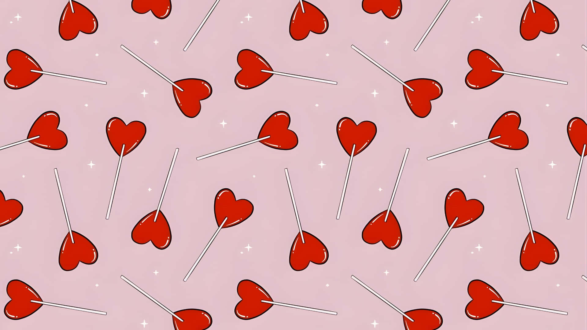 red heart lollipops, white sticks, soft pink background, Full HD Desktop Wallpaper