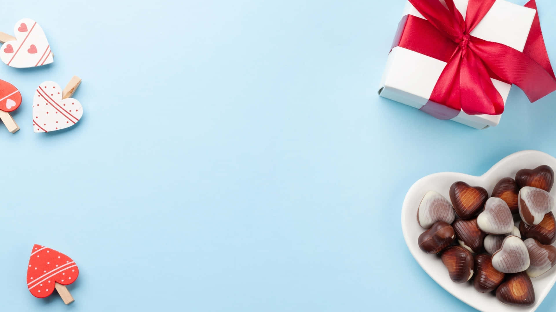 white heart-shaped dish, assorted chocolate hearts, wrapped gift box, Full HD Desktop Wallpaper