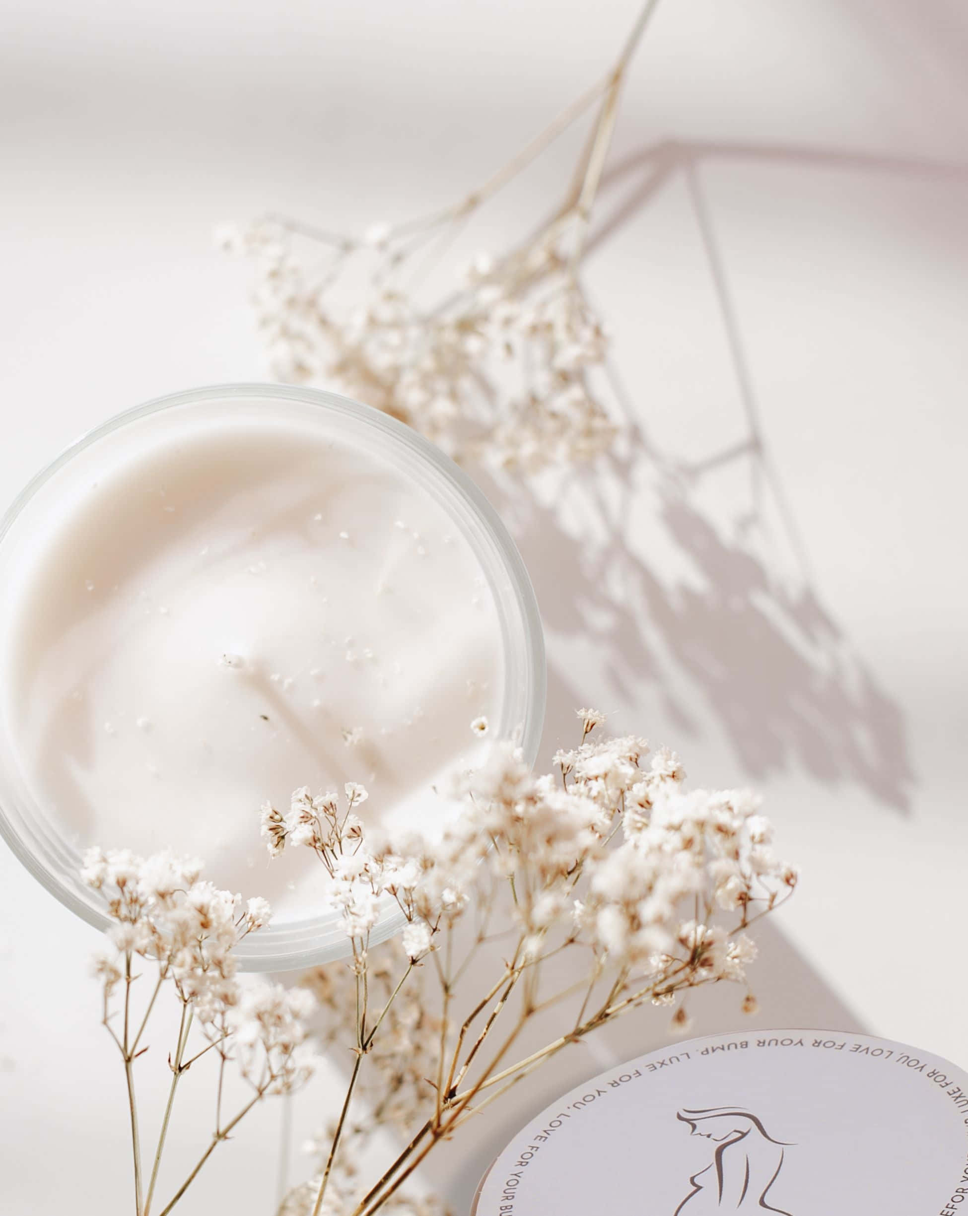 vanilla aesthetic, cosmetic cream, dried baby's breath flowers, Full HD Phone Wallpaper