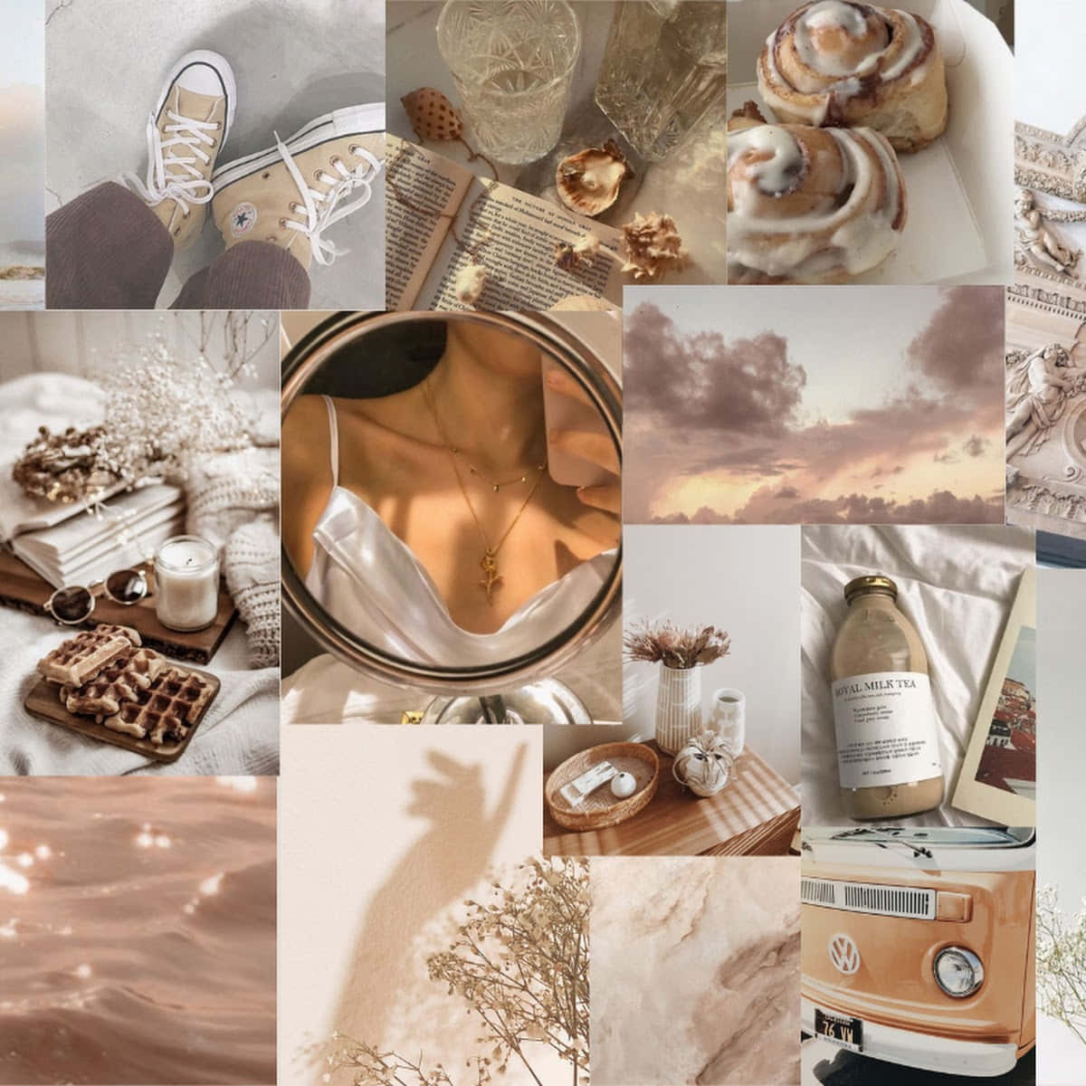 vanilla aesthetic, pastel-toned collage, cinnamon rolls, SD Desktop Wallpaper