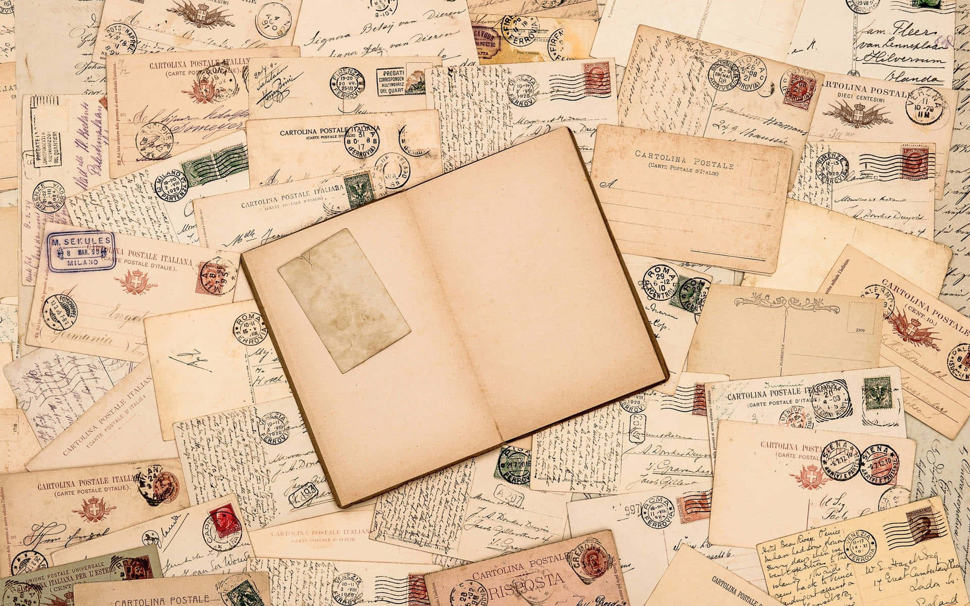 vintage book, aged Italian postcards, handwritten letters, Full HD Desktop Wallpaper