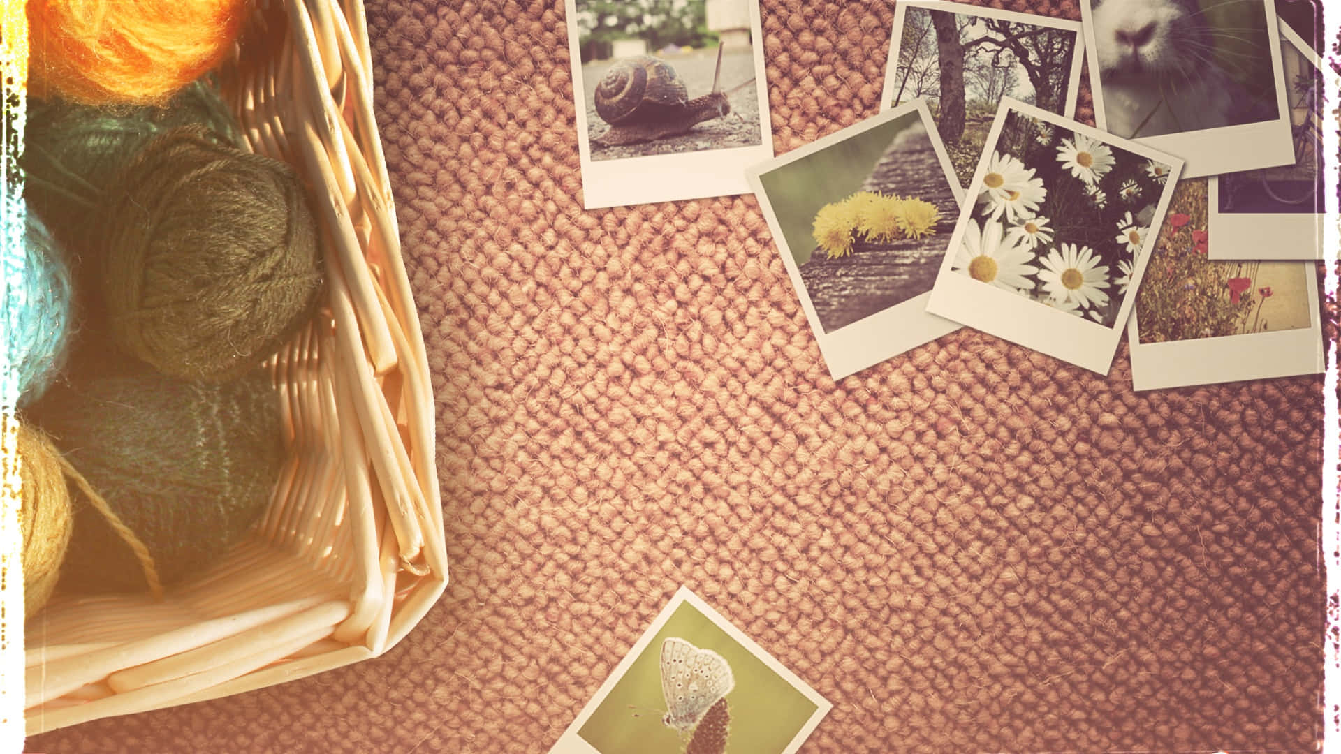 wicker basket, colorful yarn, vintage photos, Full HD Desktop Wallpaper