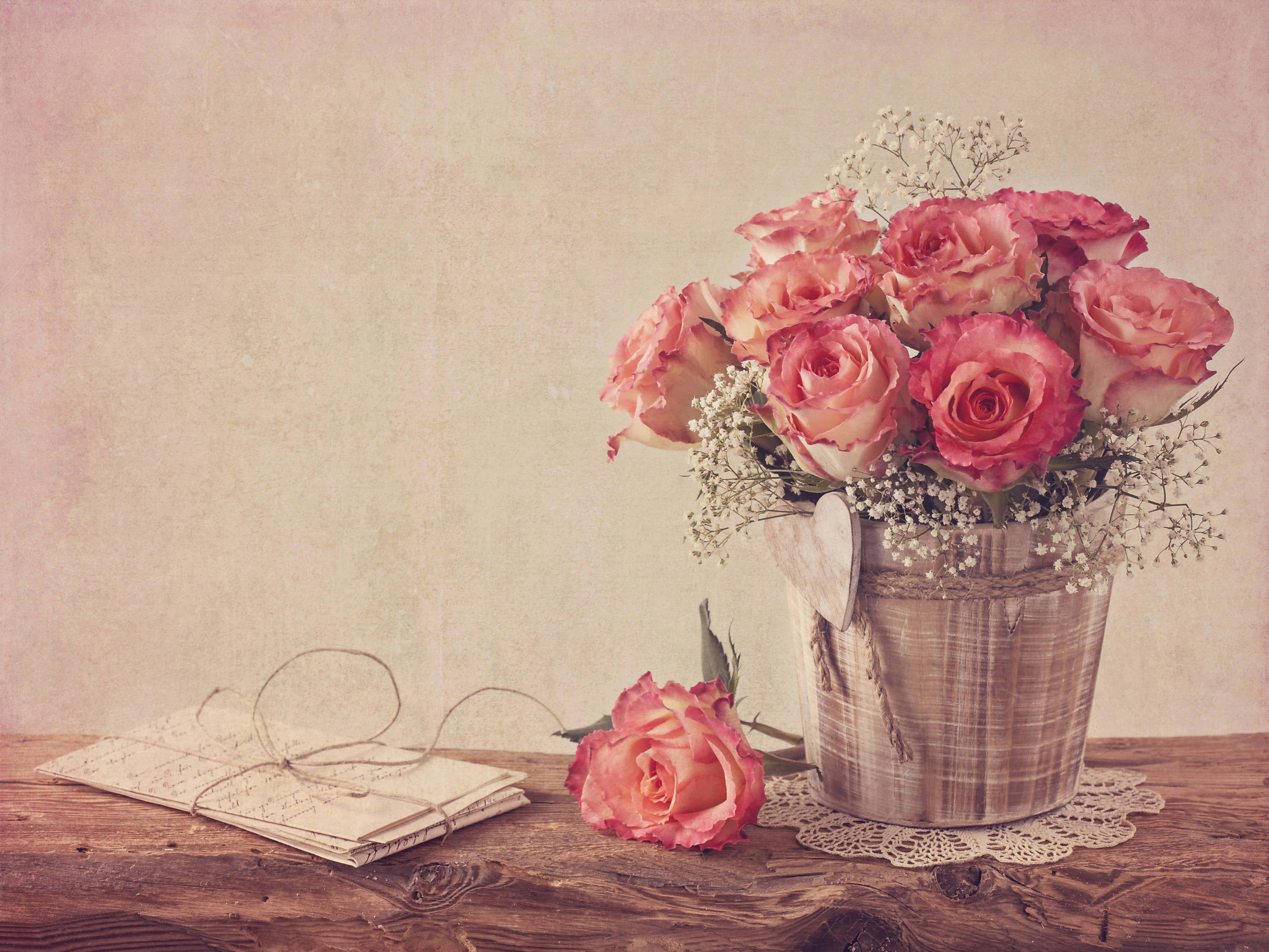 vintage roses, pink roses, baby's breath, 4K Desktop Wallpaper