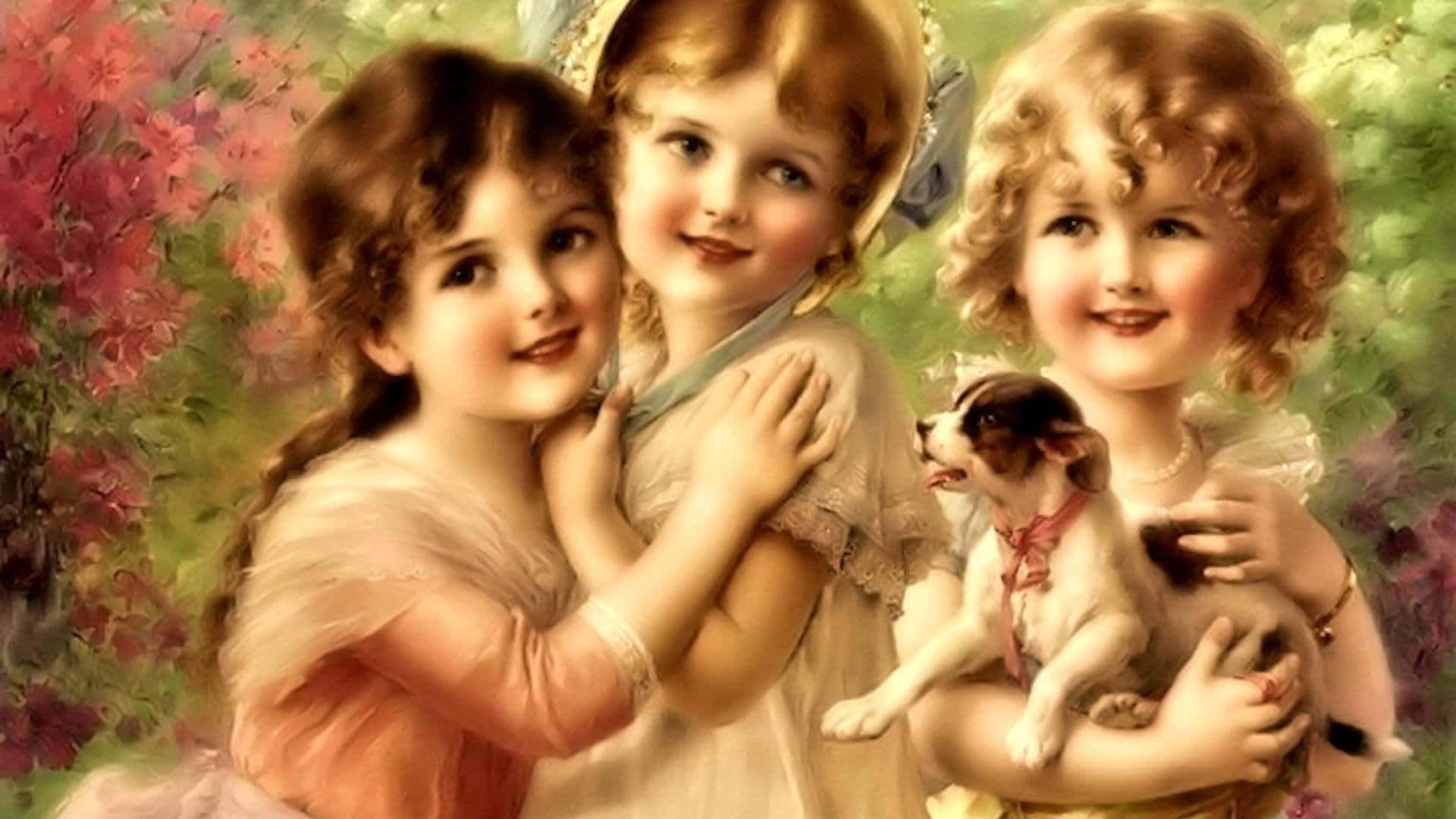 vintage-style girls, soft dresses, playful puppy, Full HD Desktop Wallpaper