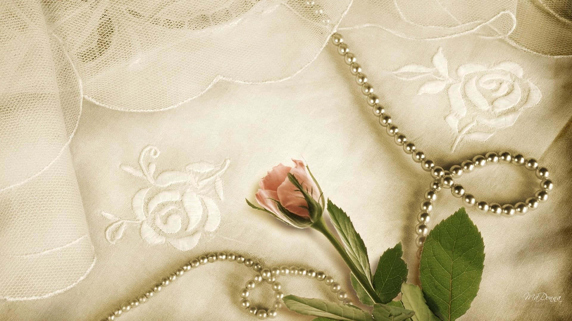 pink rosebud, pearl necklace, vintage cream fabric, Full HD Desktop Wallpaper