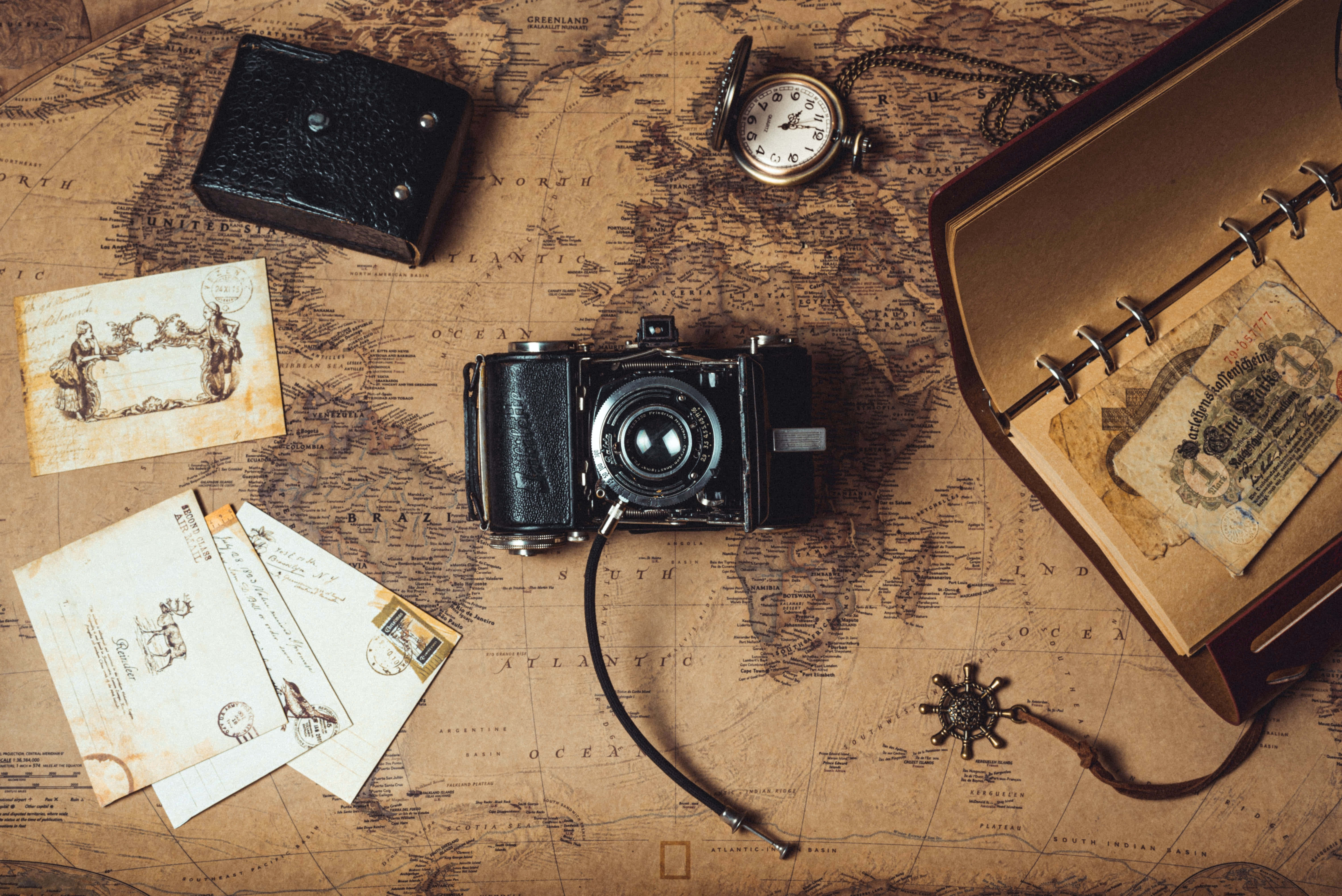 vintage camera, travel memorabilia, aged world map, 5K Desktop Wallpaper