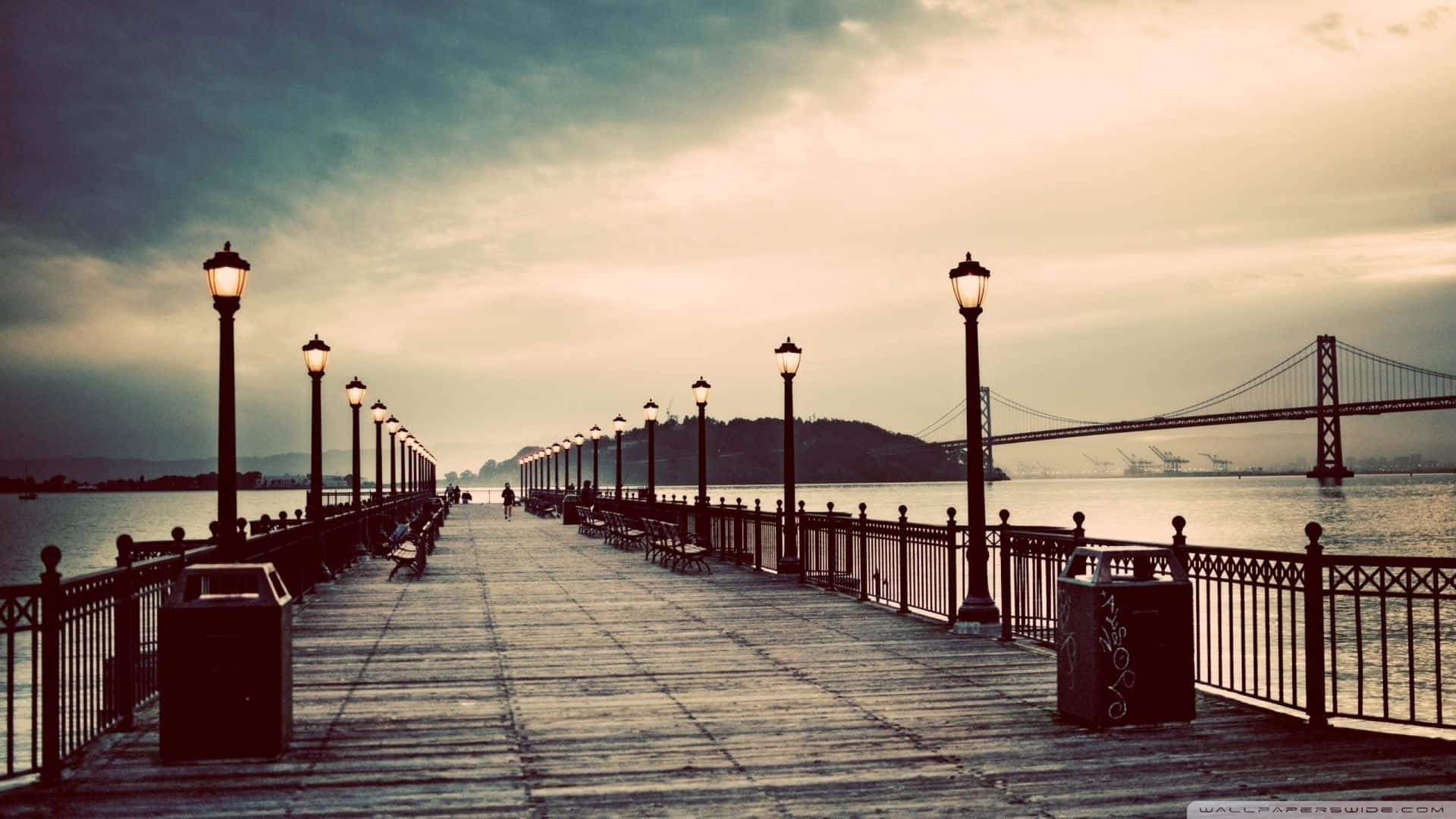 vintage lamps, wooden pier, bridge, Full HD Desktop Wallpaper