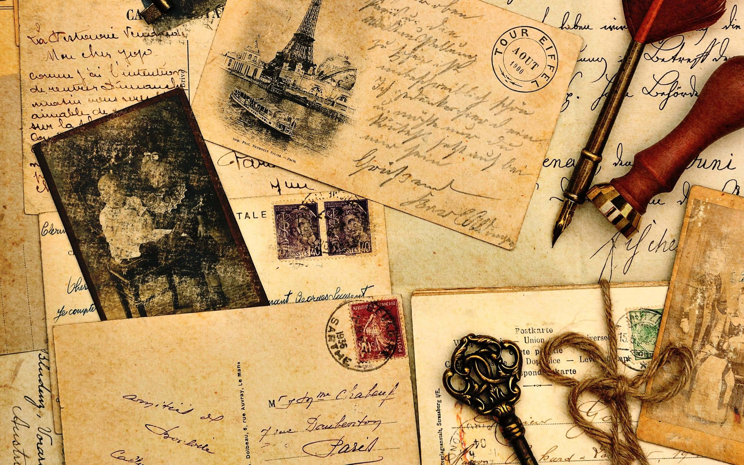 vintage postcards, handwritten letters, quill pen, 2K Desktop Wallpaper