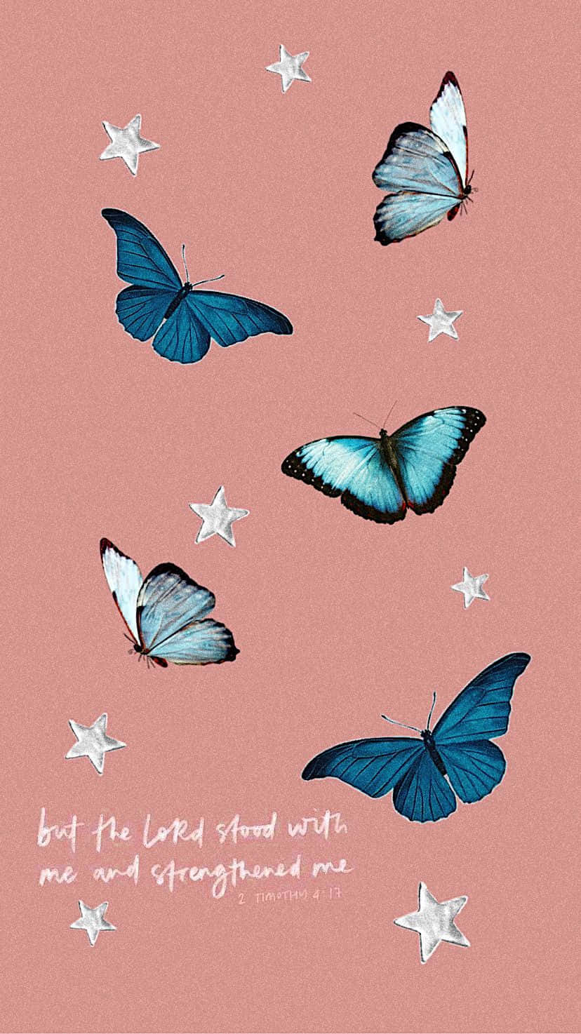 Vibrant blue butterflies, silver stars, soft pink background, HD Phone Wallpaper