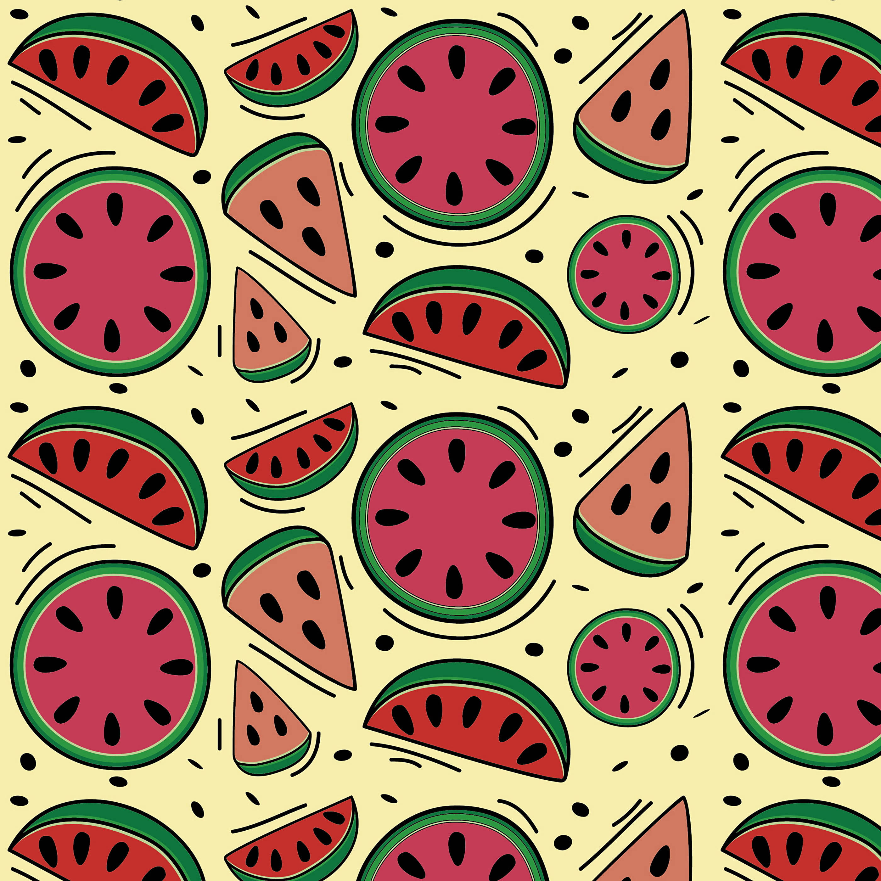 cute themed watermelon art, vibrant cartoon watermelon slices, red green and yellow, 2K Desktop Wallpaper
