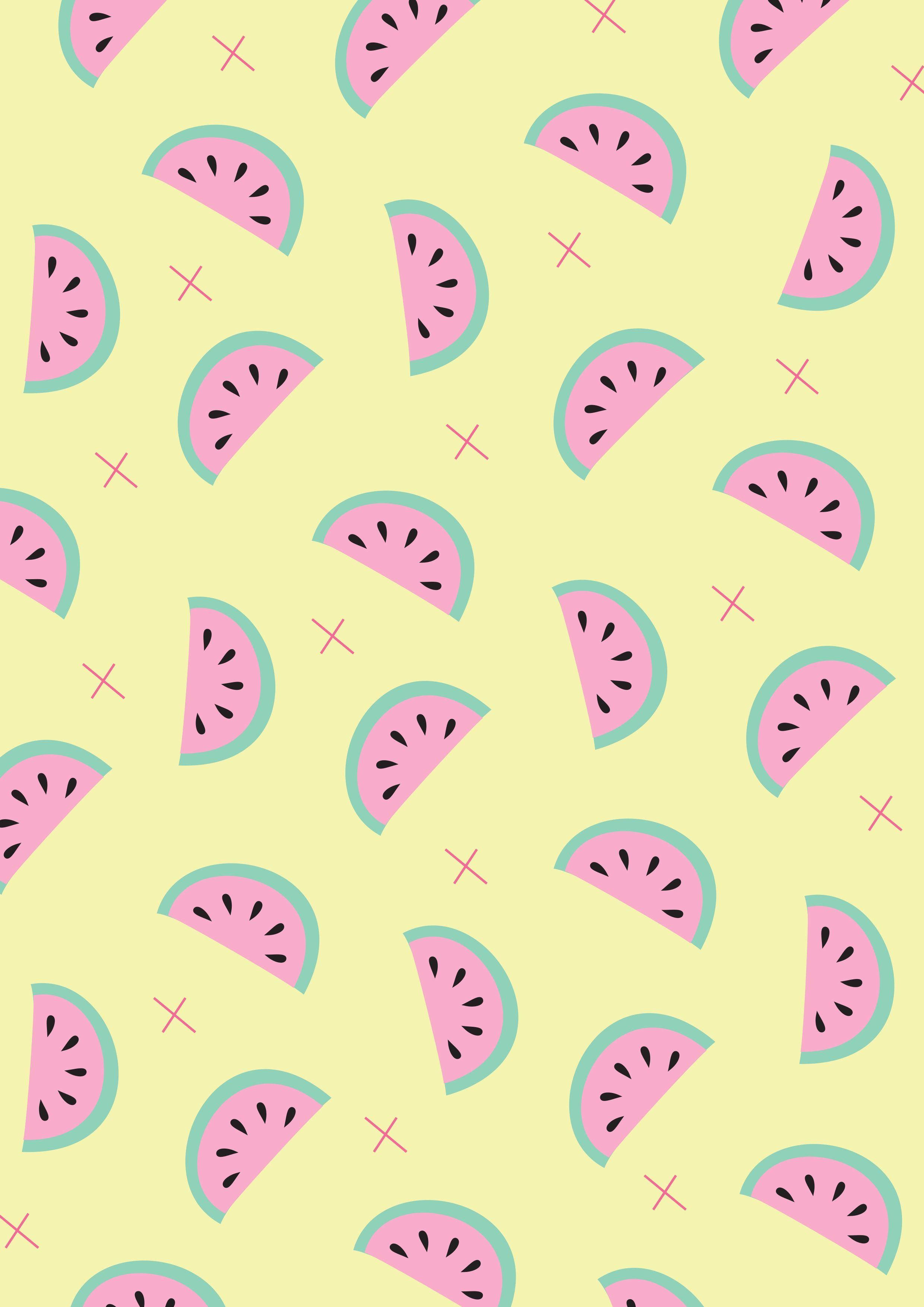 pastel yellow, pink watermelon slices, green rinds, 2K Phone Wallpaper