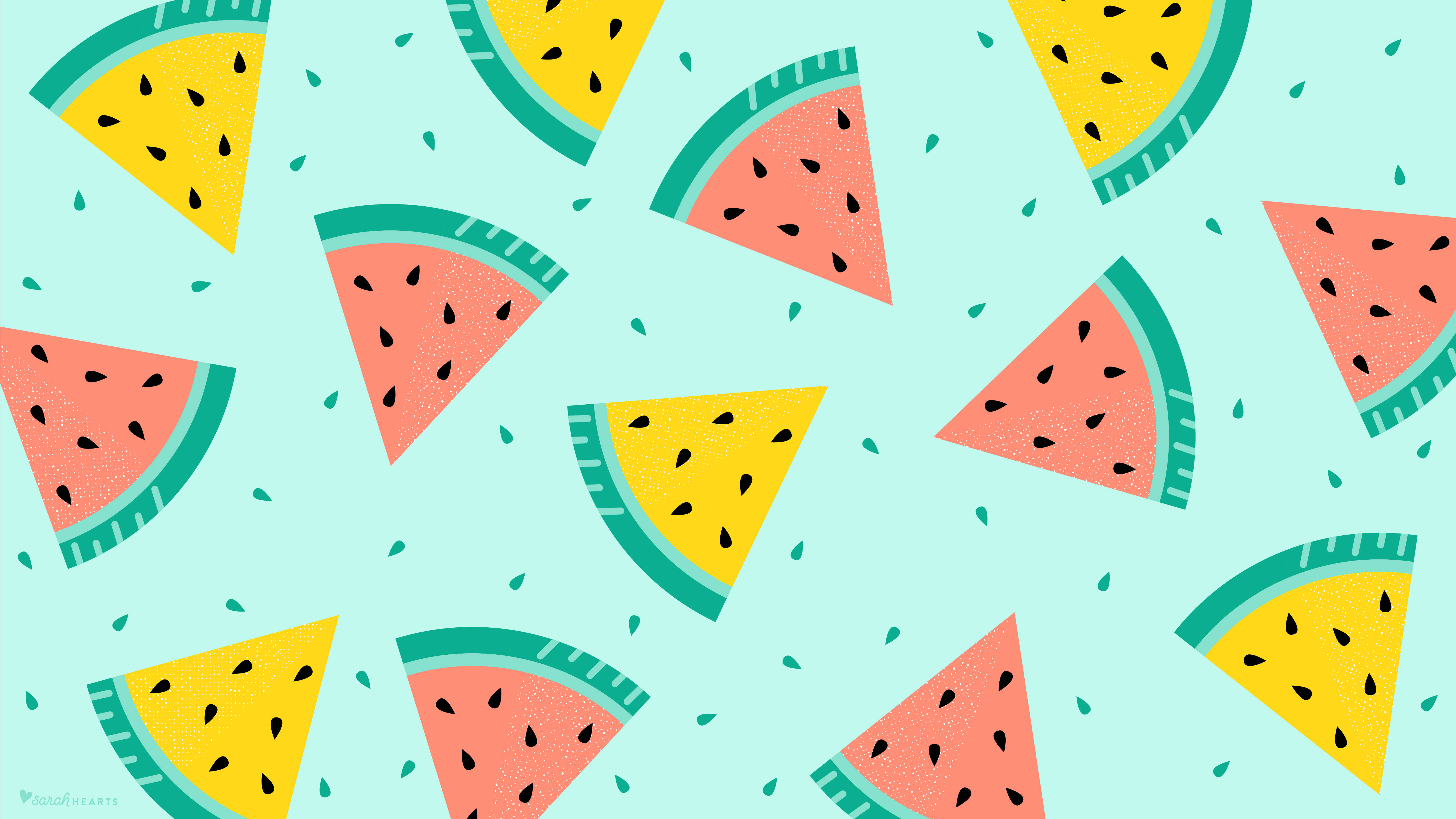 fun colored cute watermelon slices, pink and yellow watermelon slices, black seeds, 5K Desktop Wallpaper