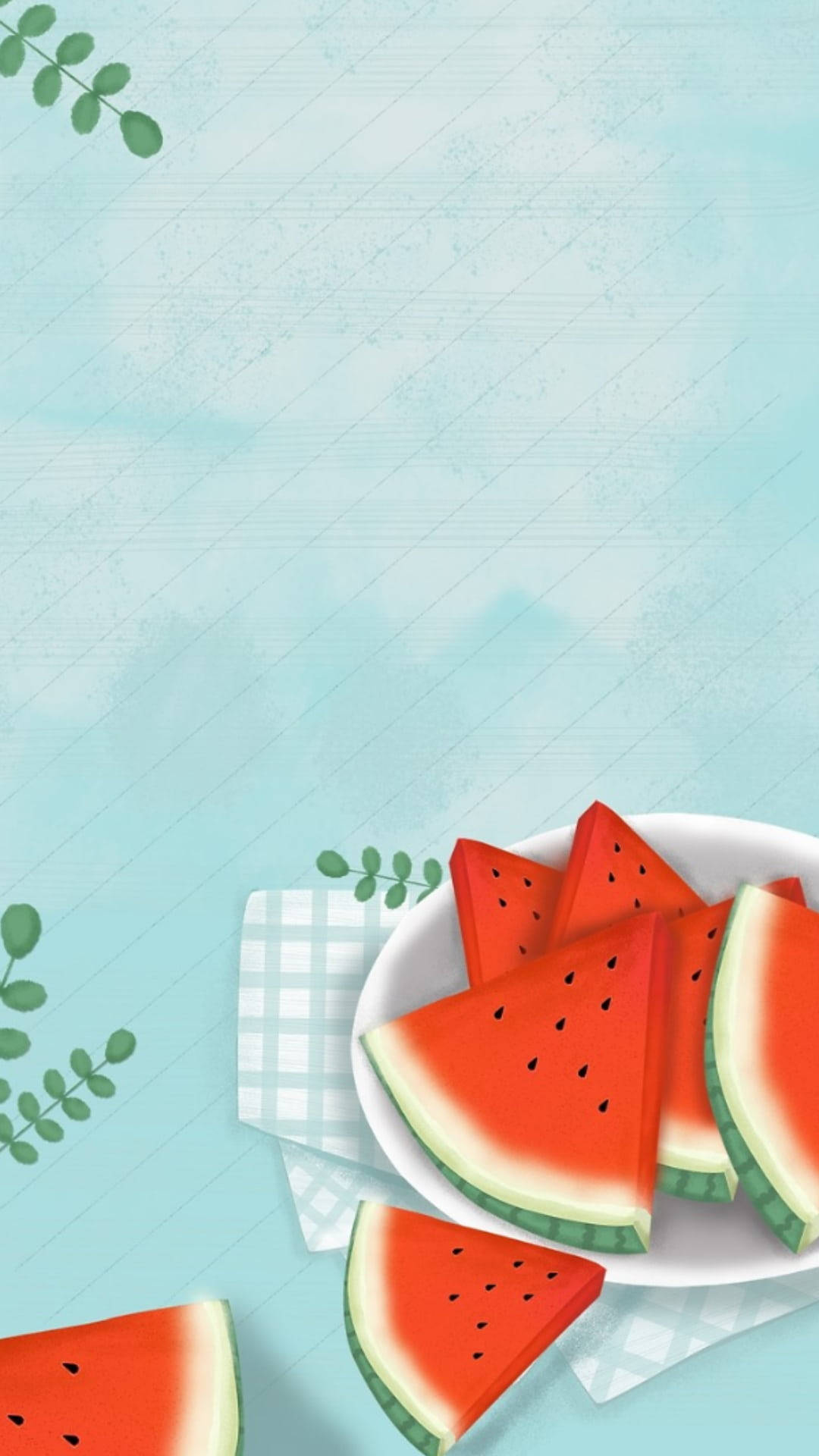 summer cute watermelon screen art, bowl of juicy watermelon slices, checkered napkin, Full HD Phone Wallpaper