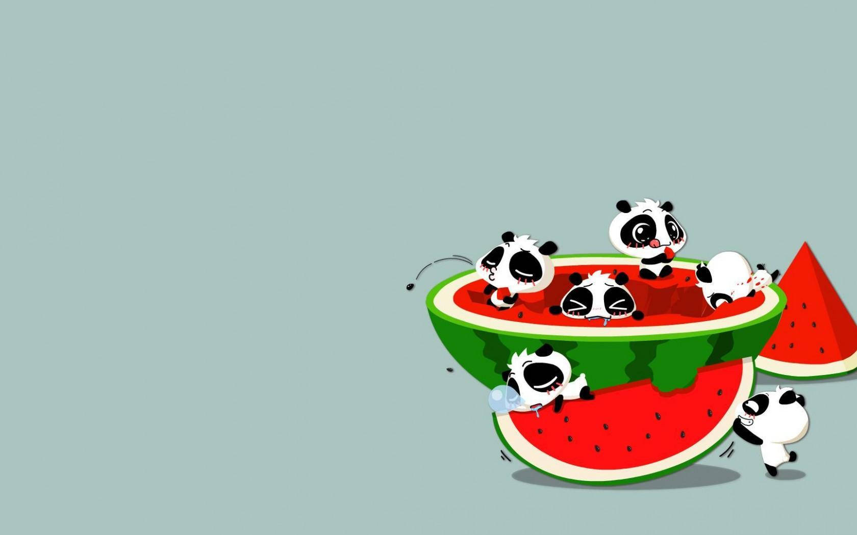 cute cartoon pandas, giant watermelon slice, soft teal background, HD Desktop Wallpaper