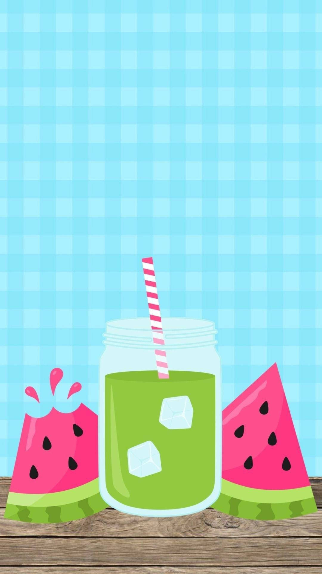 cute watermelon drink, cartoon mason jar, green drink, Full HD Phone Wallpaper