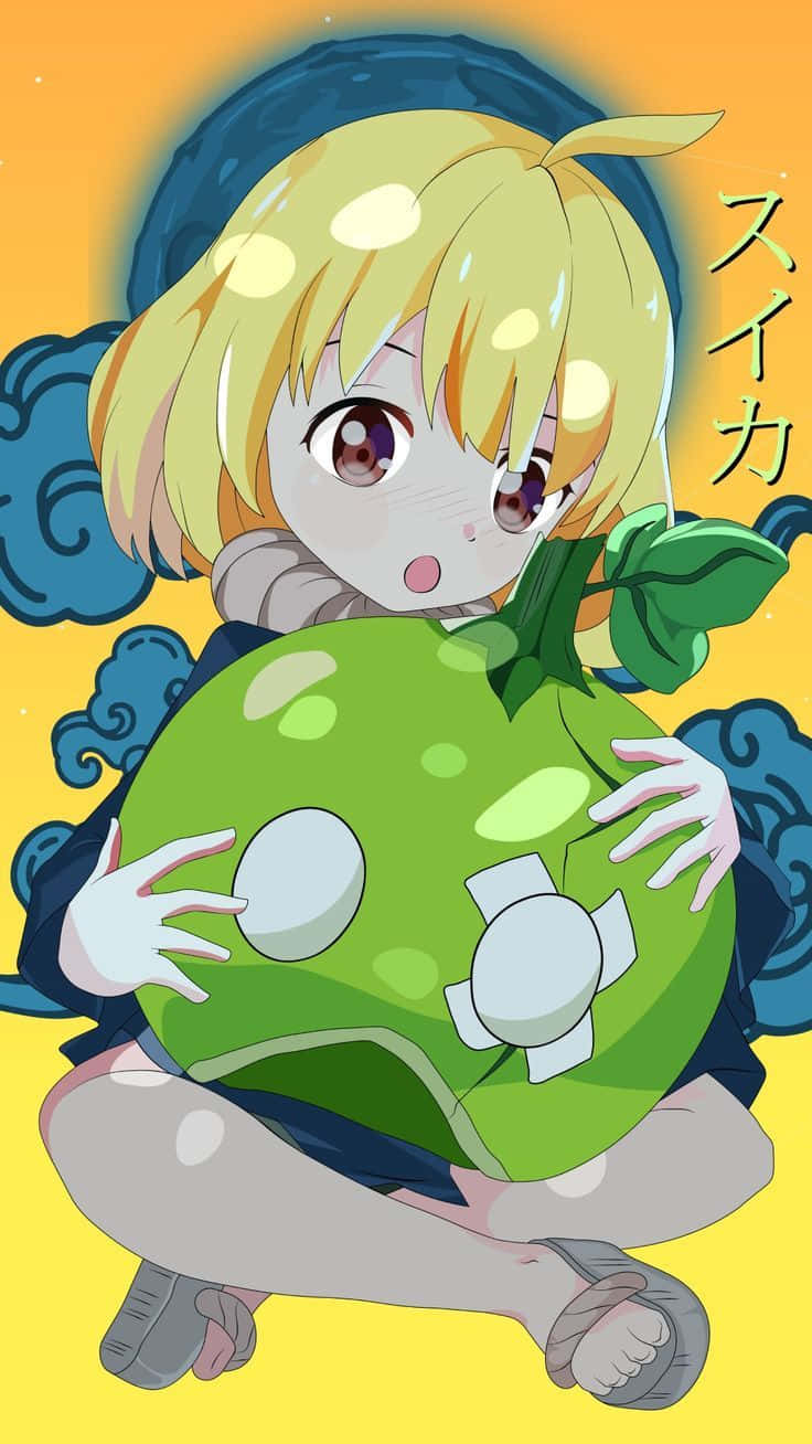 chibi anime girl, blonde hair, large green melon with white spots, HD Phone Wallpaper