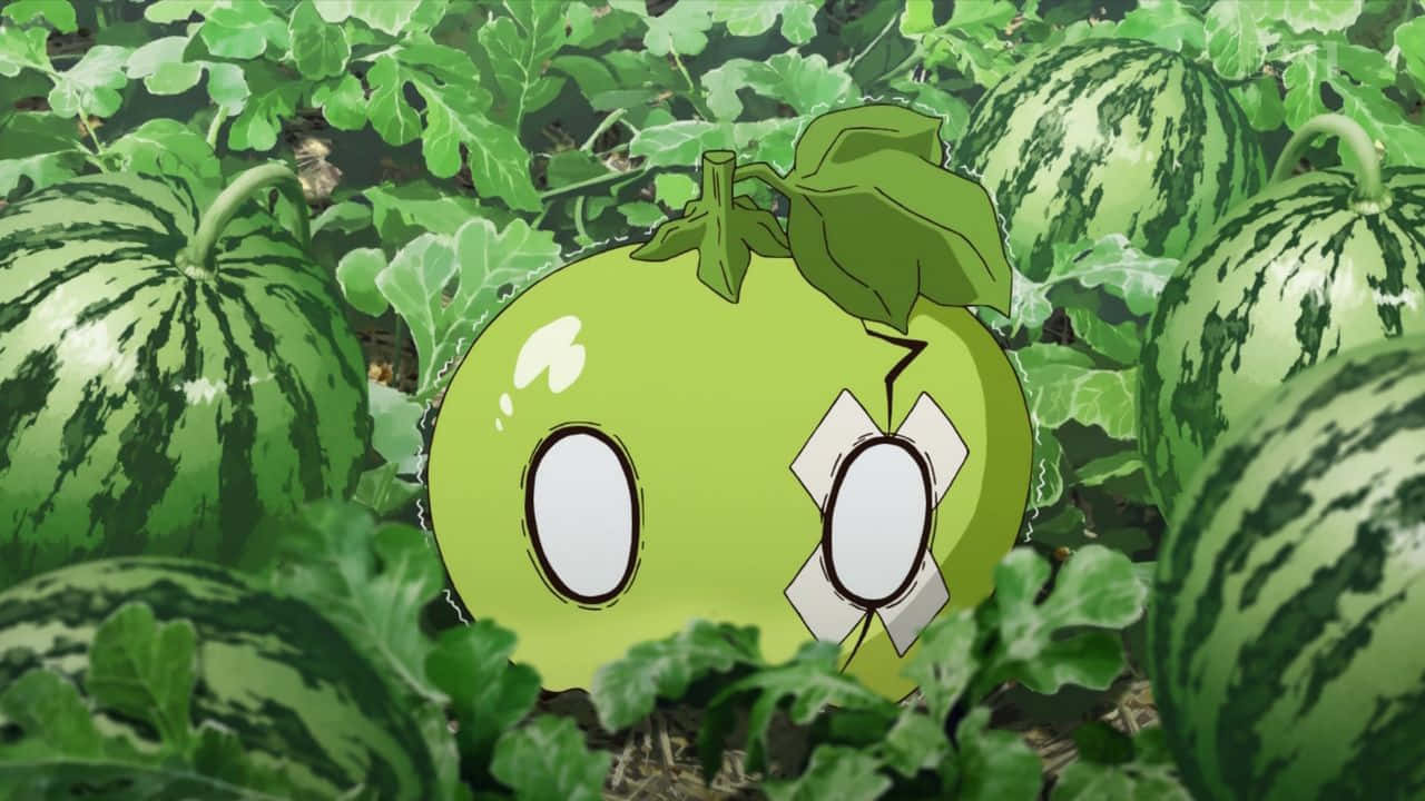 animated watermelon character, taped eyes, lush green vines, HD Desktop Wallpaper