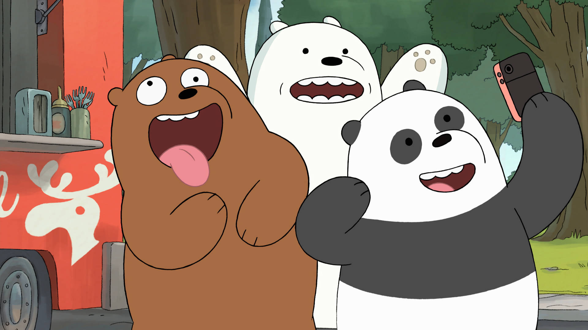 We Bare Bears, red food truck, trees, Full HD Desktop Wallpaper