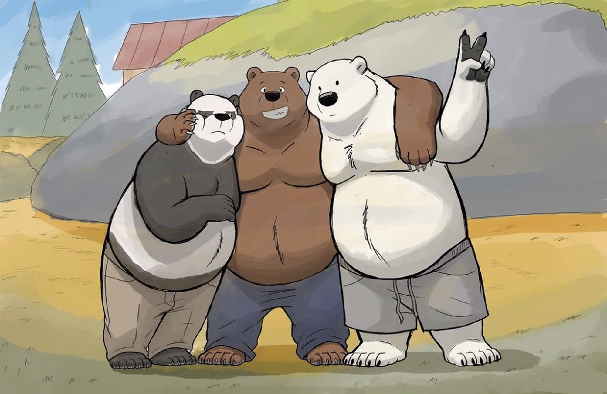 We Bare Bears, three muscular we bare bears, cartoon bears, Full HD Desktop Wallpaper