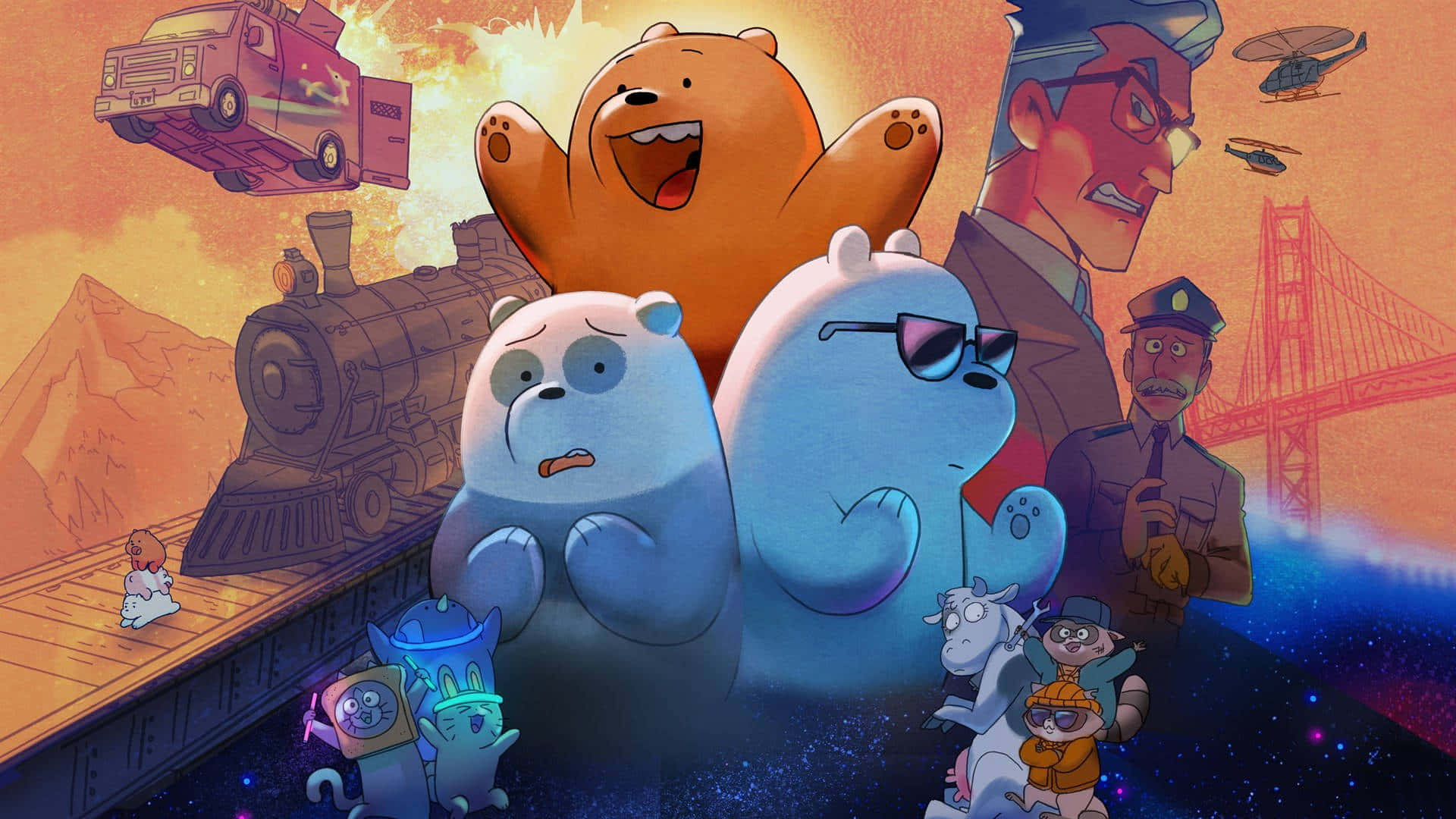 We Bare Bears, train mountain, helicopter, Full HD Desktop Wallpaper