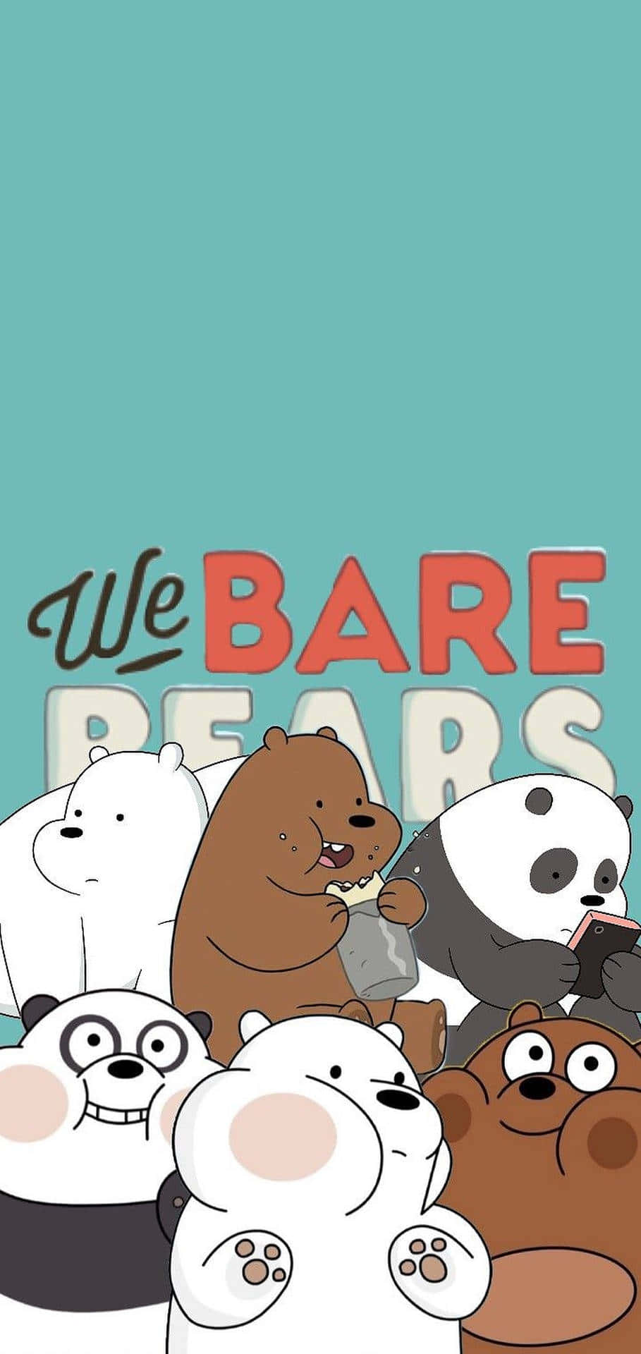 We Bare Bears, teal background, group pose, Full HD Phone Wallpaper