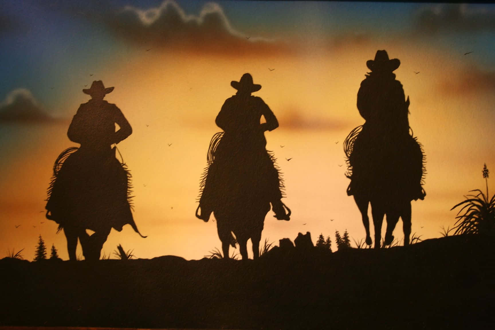 Cute Western, three cowboys, silhouetted cowboys, HD Desktop Wallpaper