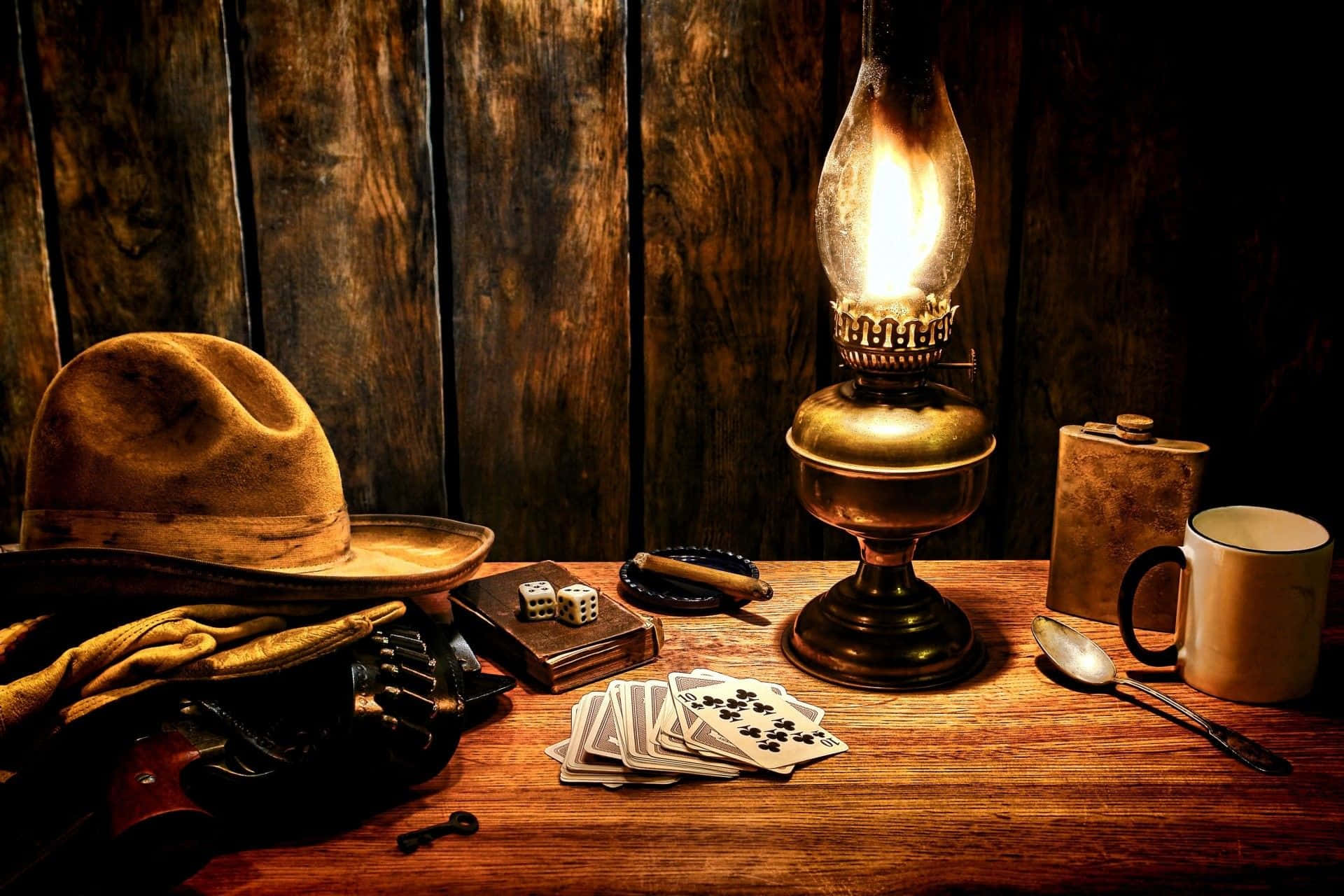 vintage oil lamp, wooden table, cowboy hat, Full HD Desktop Wallpaper