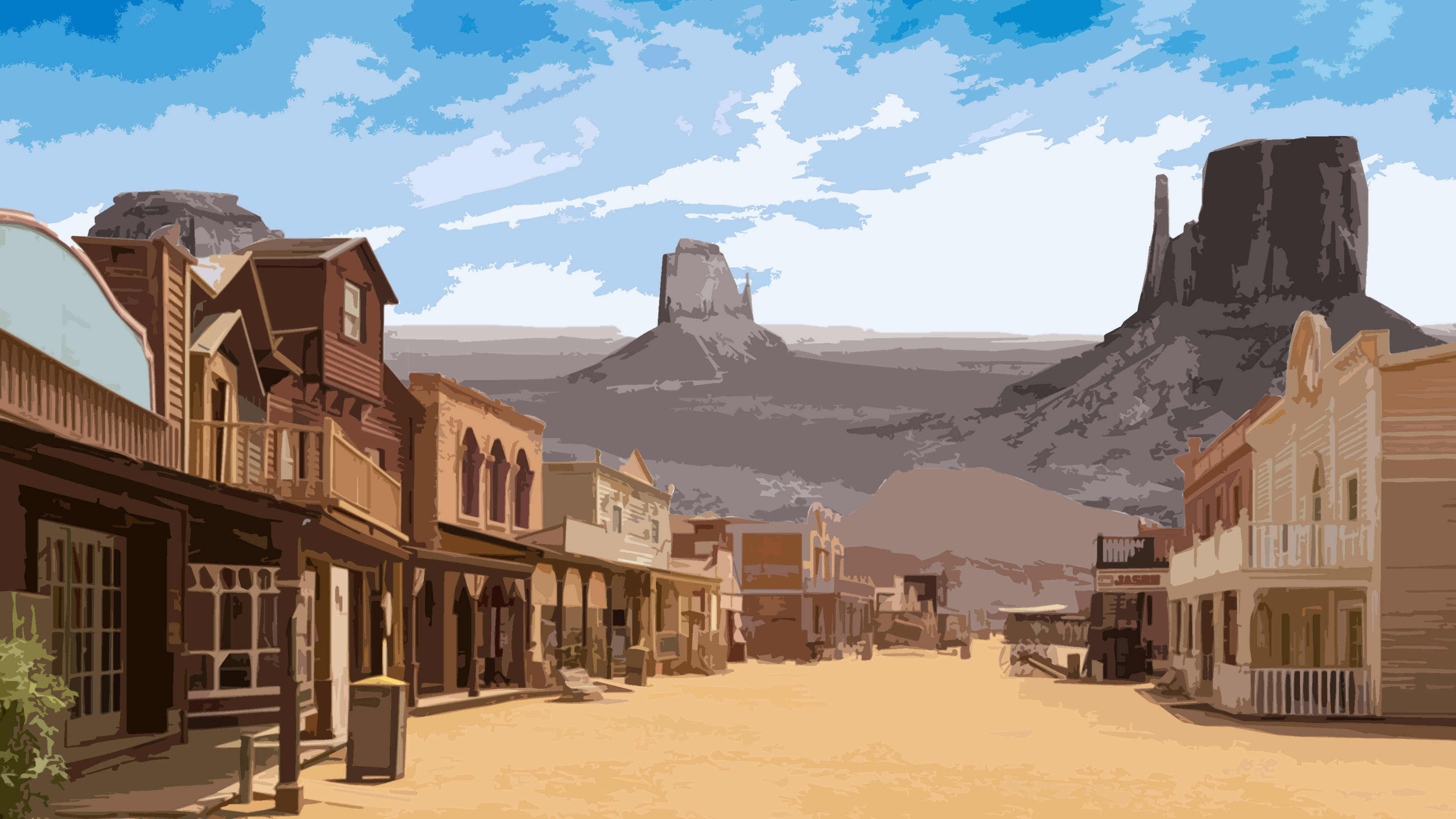 Old Town Western Aesthetic, wooden buildings, towering rock formations, 4K Desktop Wallpaper