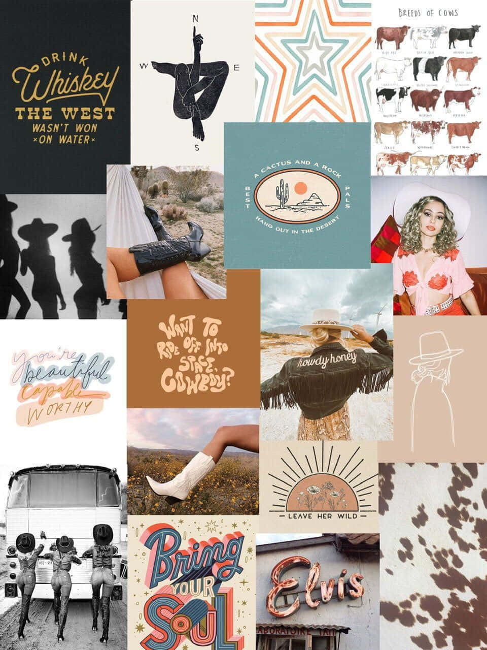 western inspired collage aesthetic, cowgirls boots, desert landscapes, HD Phone Wallpaper