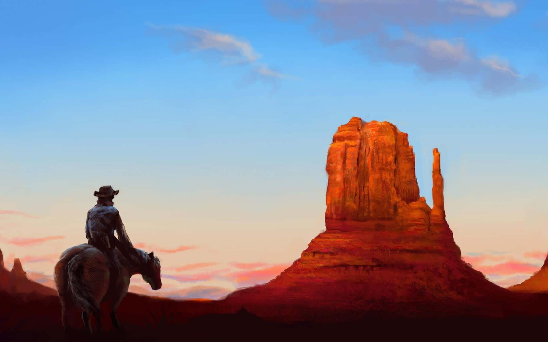 cowboy, horseback, red rock formation, Full HD Desktop Wallpaper
