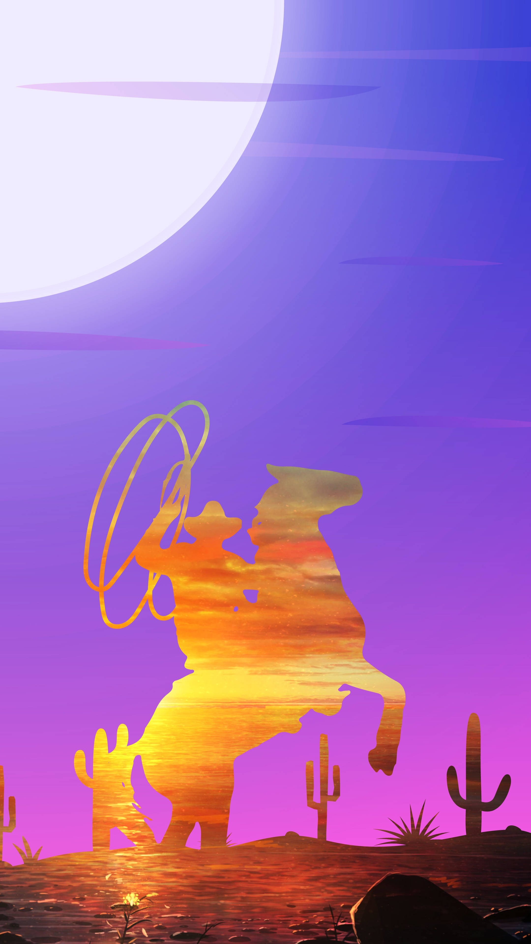 golden cowboy, bucking bronco, glowing sunset sky, 4K Phone Wallpaper