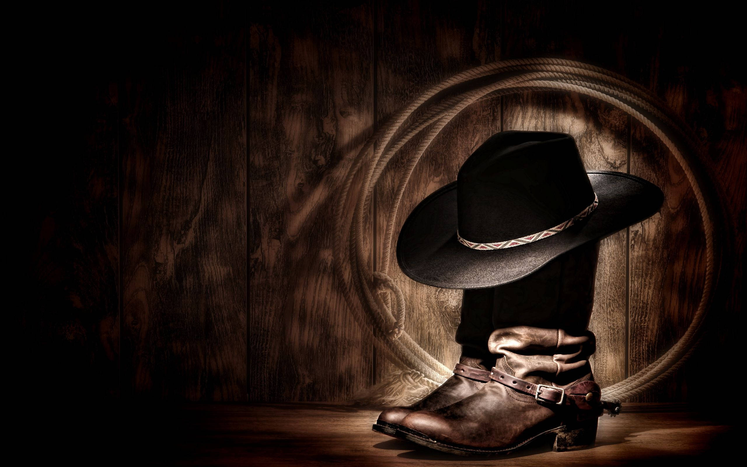 black cowboy hat, leather boots, coiled rope, 2K Desktop Wallpaper
