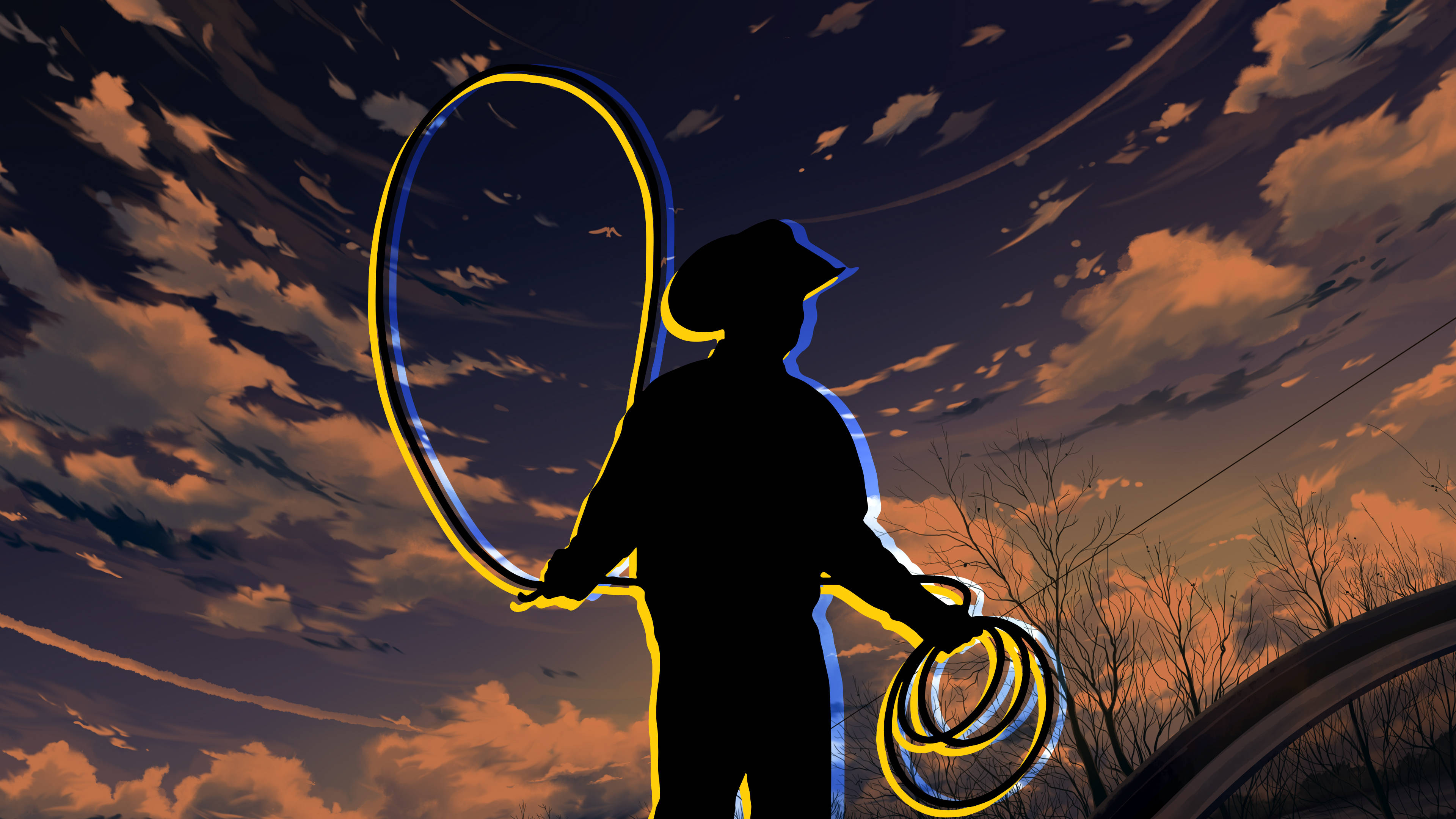 western silhouette, cowboy, glowing lasso, 4K Desktop Wallpaper