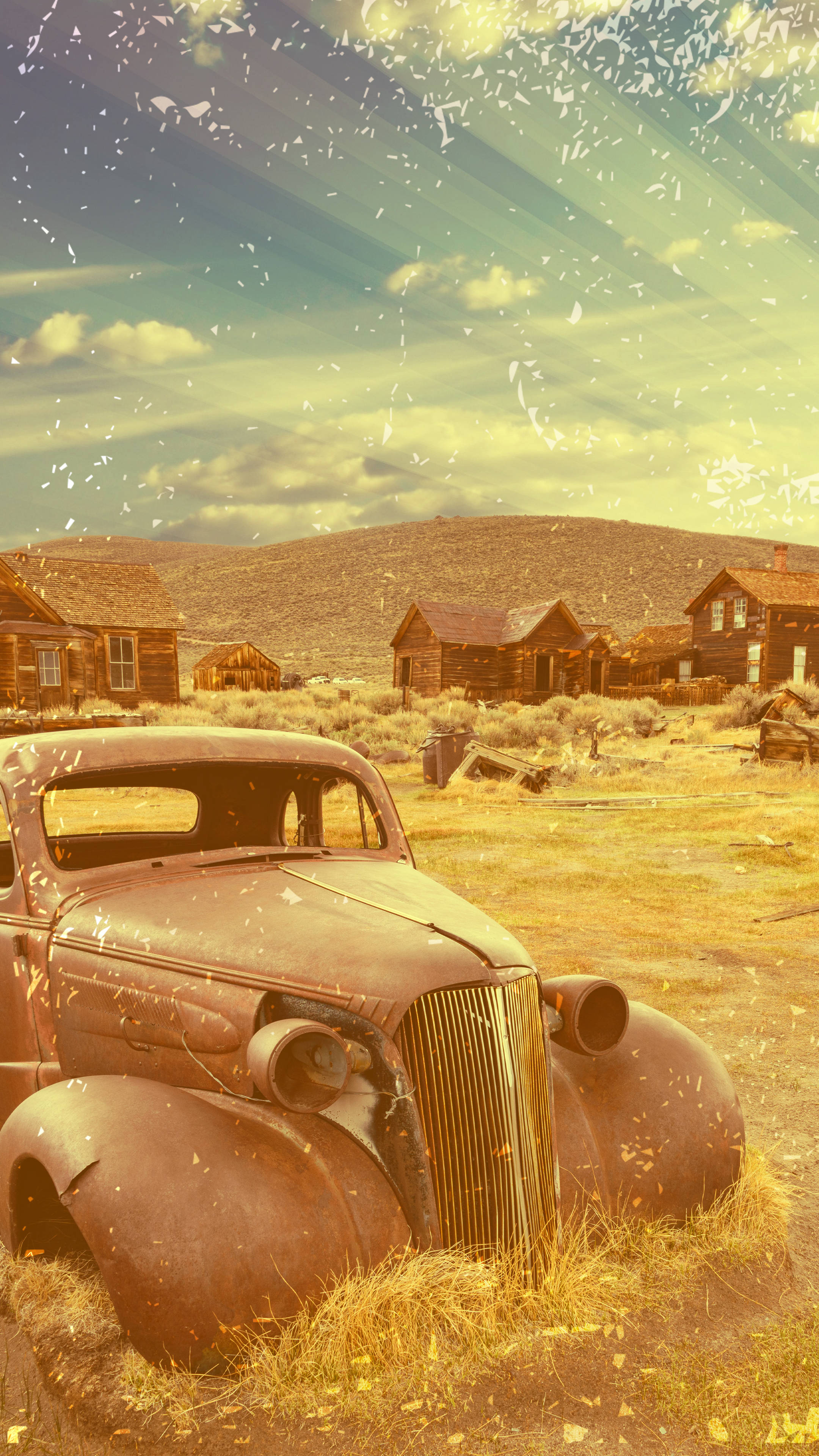 abandoned western aesthetic, fading echoes of the wild west, rusted vintage car, 4K Phone Wallpaper