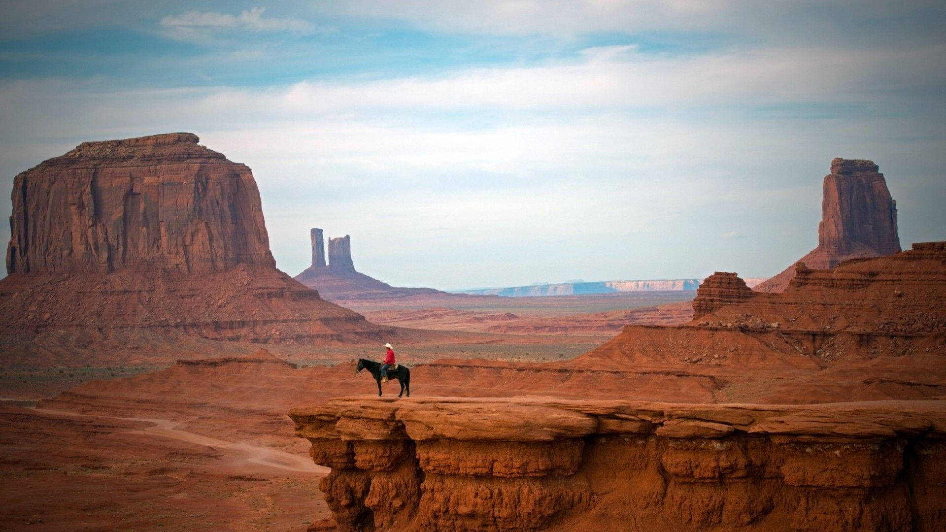 western cowboy, black horse, red rock plateau, Full HD Desktop Wallpaper