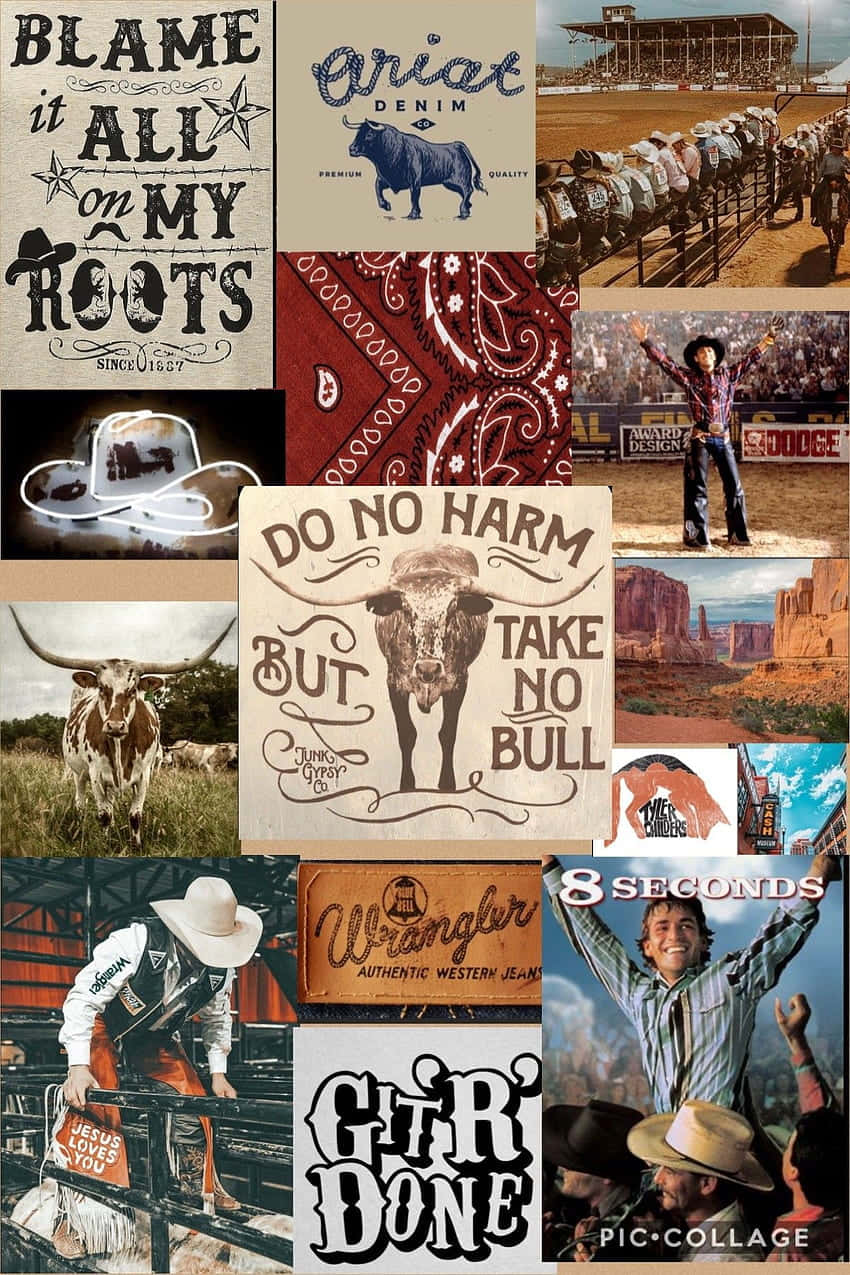 country western collage aesthetic, rodeo scenes, branding slogans, SD Phone Wallpaper