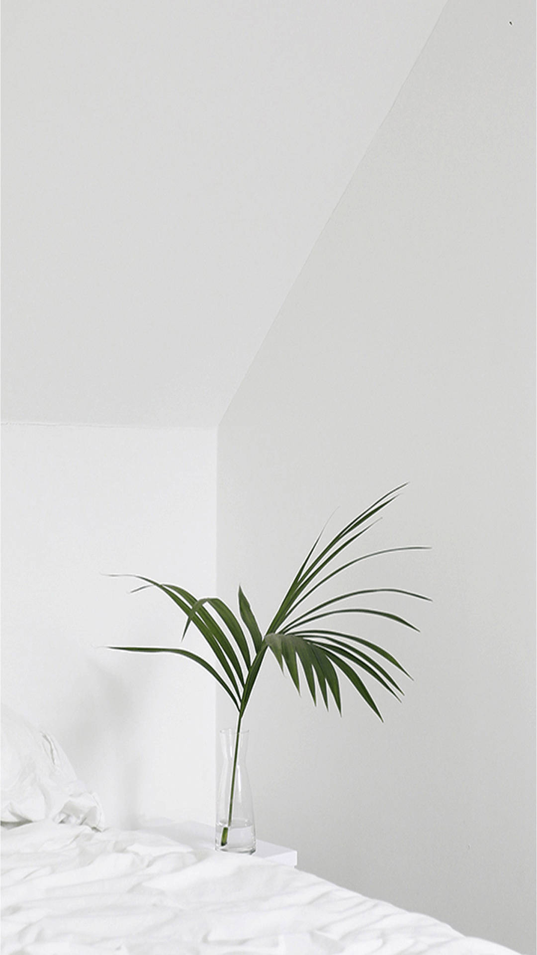 palm frond, clear glass vase, white bed, Full HD Phone Wallpaper