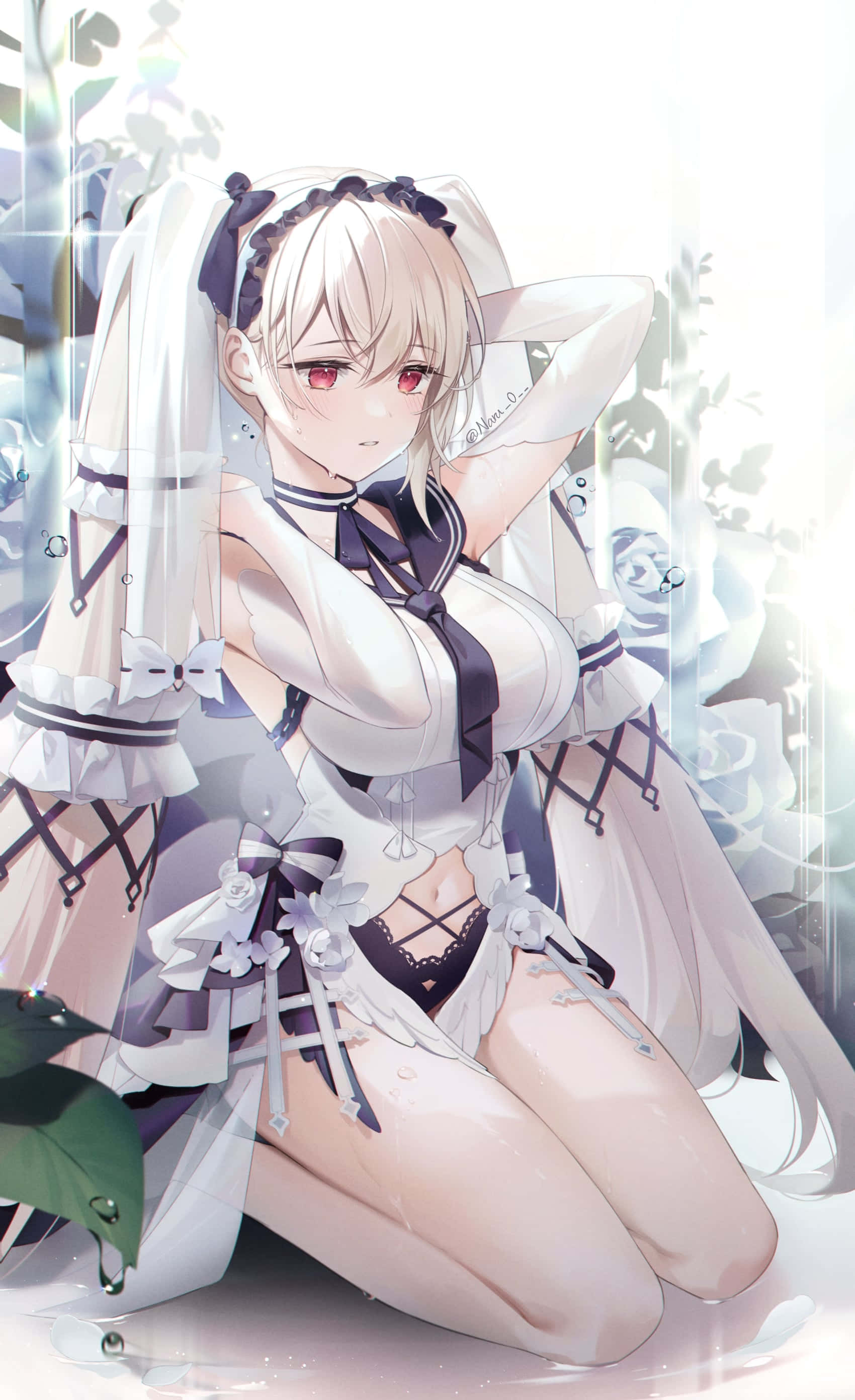 Elegant Anime Maiden, white hair, red eyes, 2K Phone Wallpaper