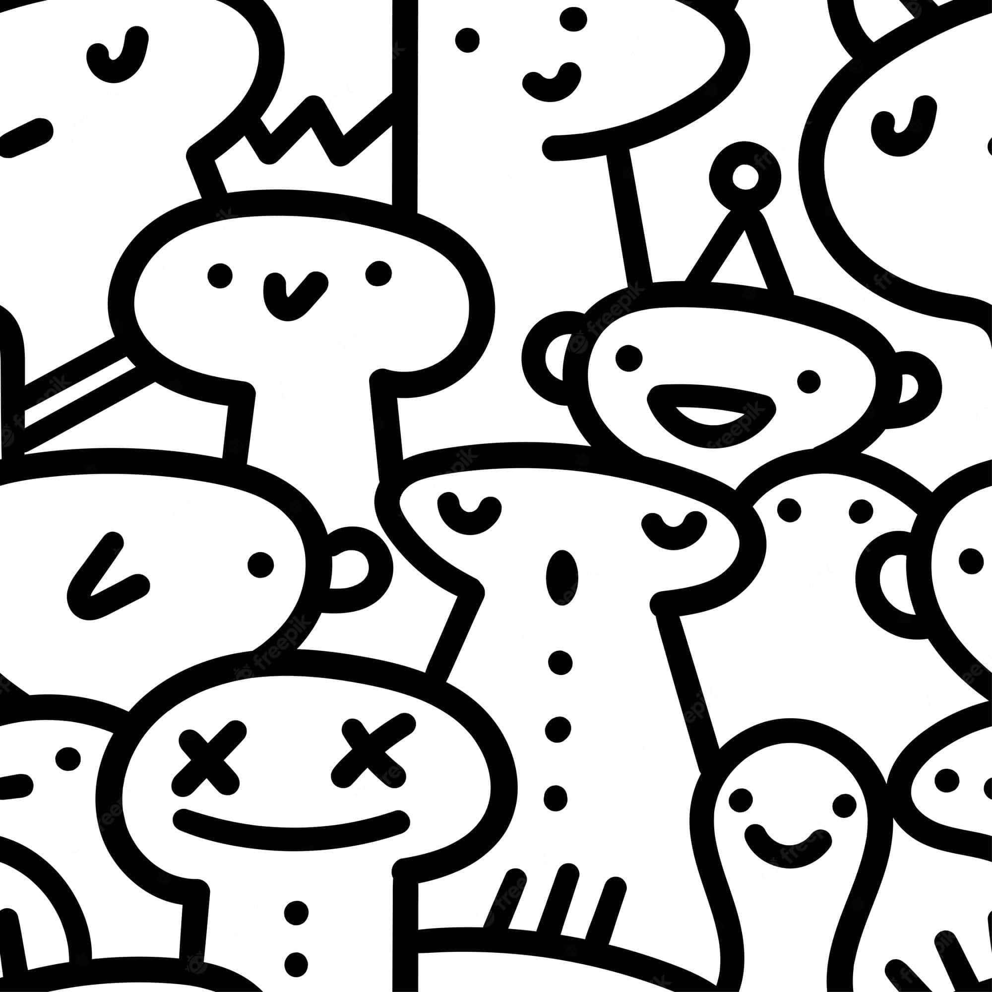cute white, black and white pattern, cute cartoon creatures, Full HD Desktop Wallpaper