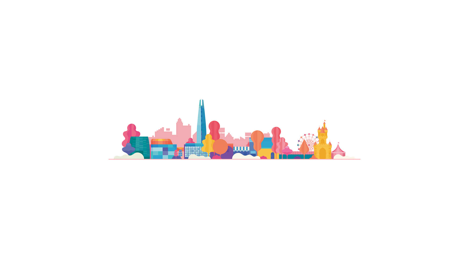 Cute White, colorful stylized city skyline, iconic buildings, Full HD Desktop Wallpaper