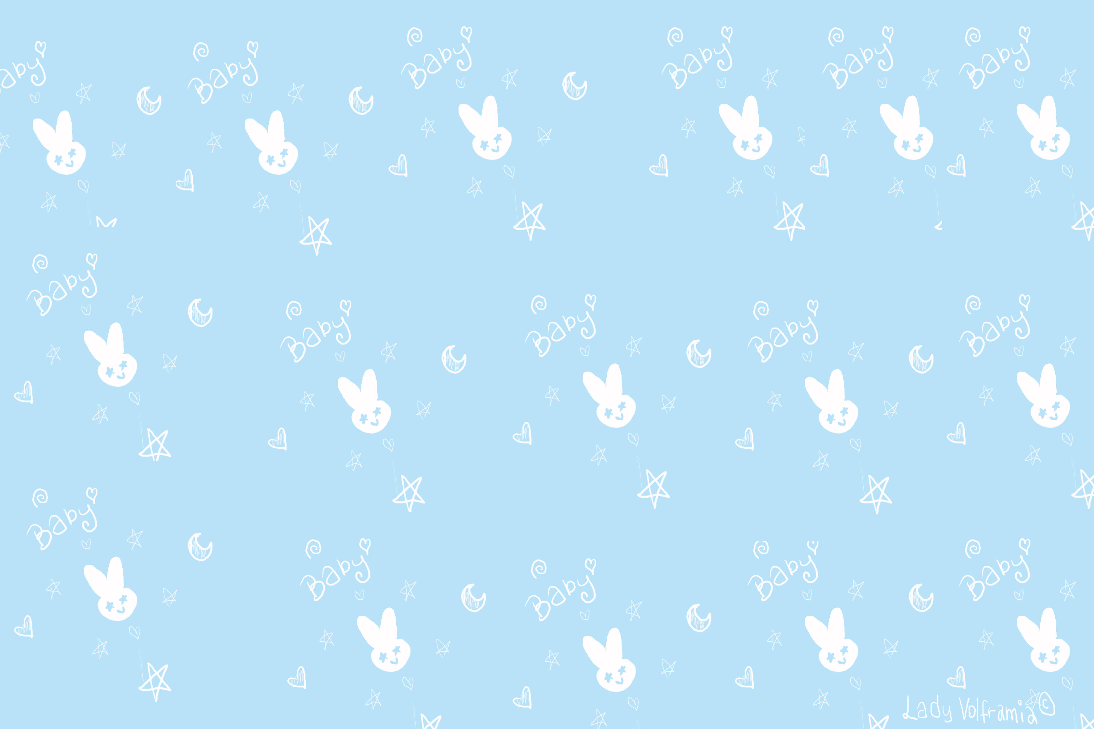 white baby bunnies, soft blue, hearts, 2K Desktop Wallpaper